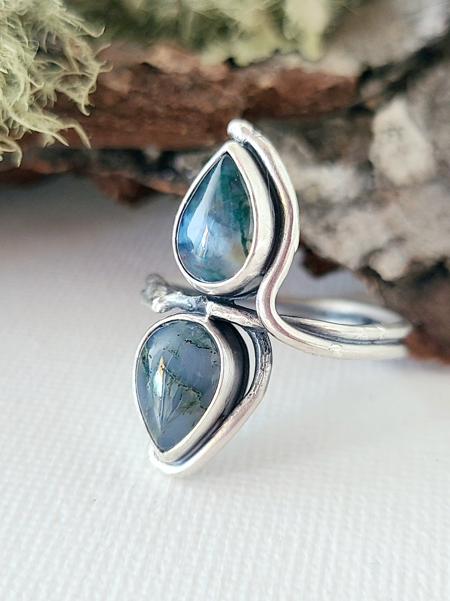 Tendril ring #1: Double Teardrop Moss Agate-size 8.5 US