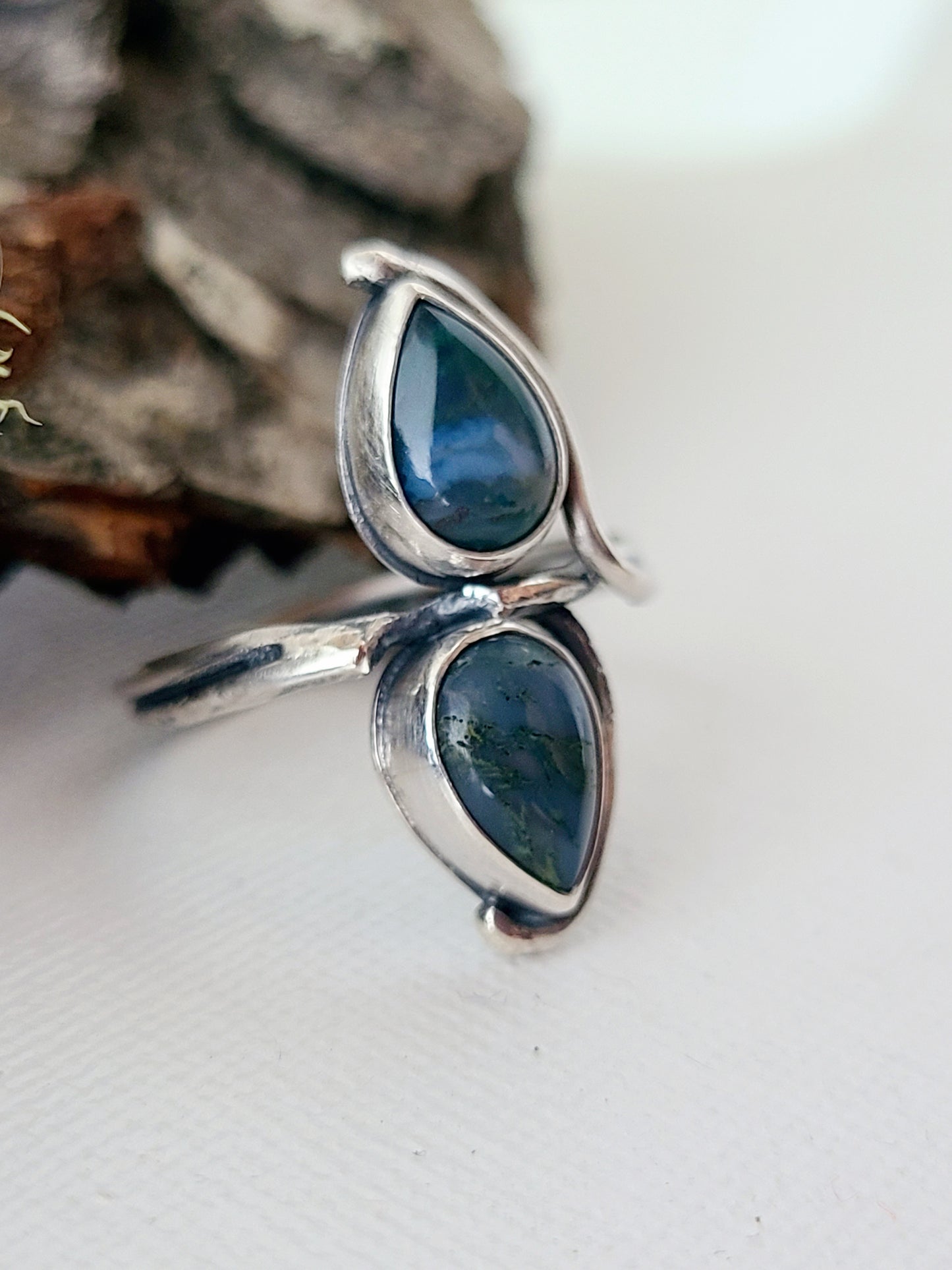 Tendril ring #1: Double Teardrop Moss Agate-size 8.5 US