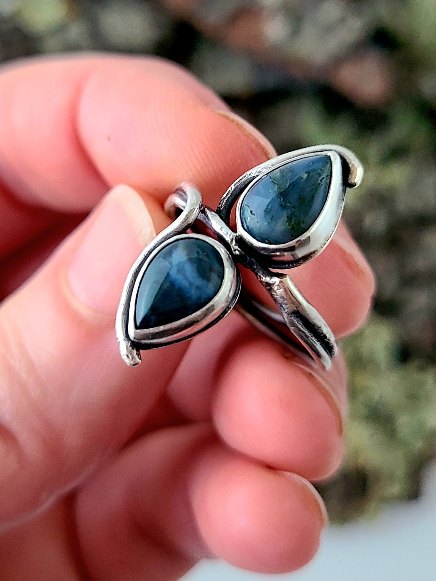 Tendril ring #1: Double Teardrop Moss Agate-size 8.5 US