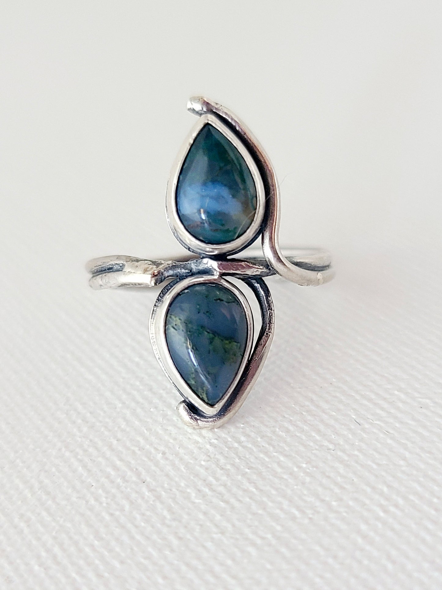 Tendril ring #1: Double Teardrop Moss Agate-size 8.5 US