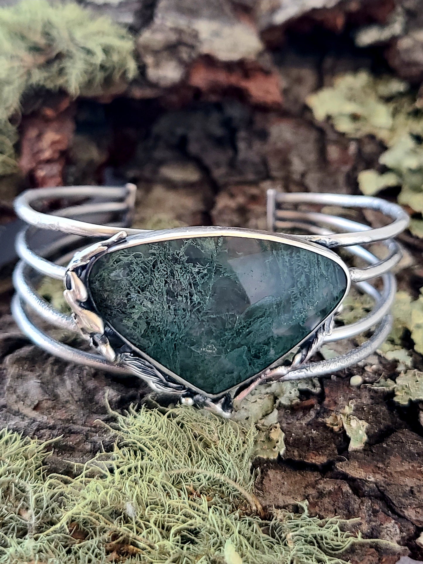 Tangled Bryophyte Statement Cuff with Moss Agate