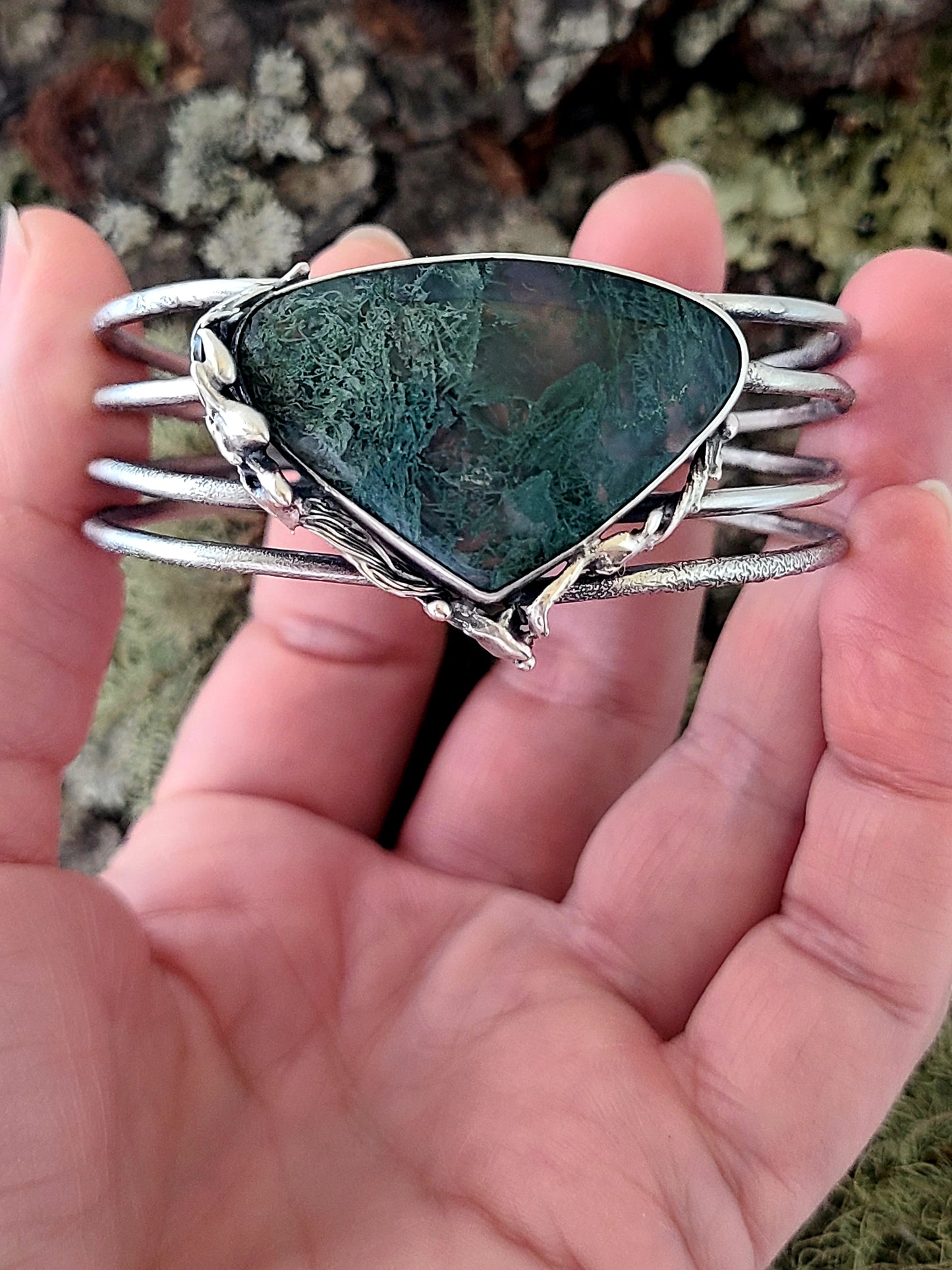 Tangled Bryophyte Statement Cuff with Moss Agate