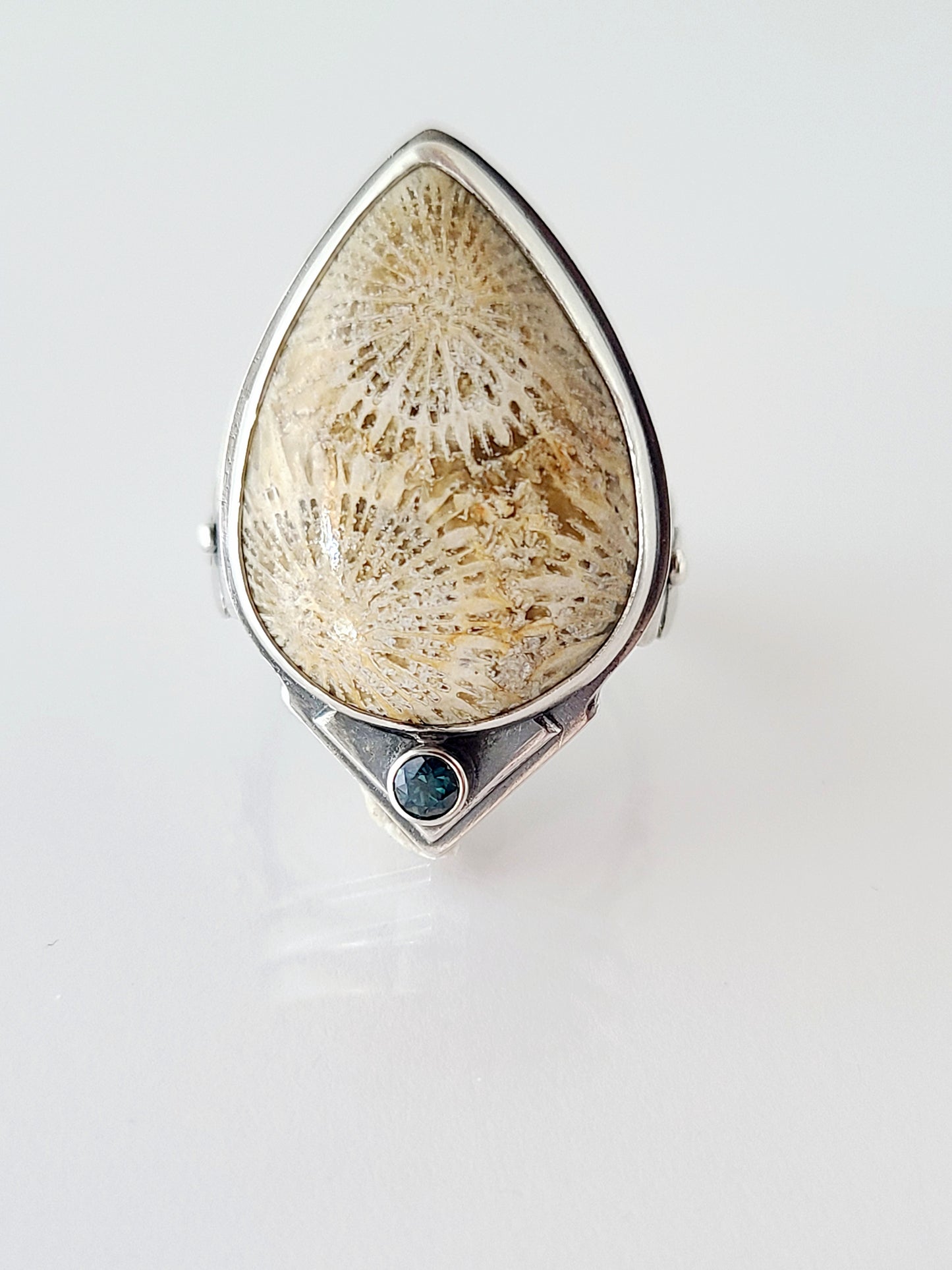 Fossilized Coral and Teal Topaz Statement Ring-size 8.5 US