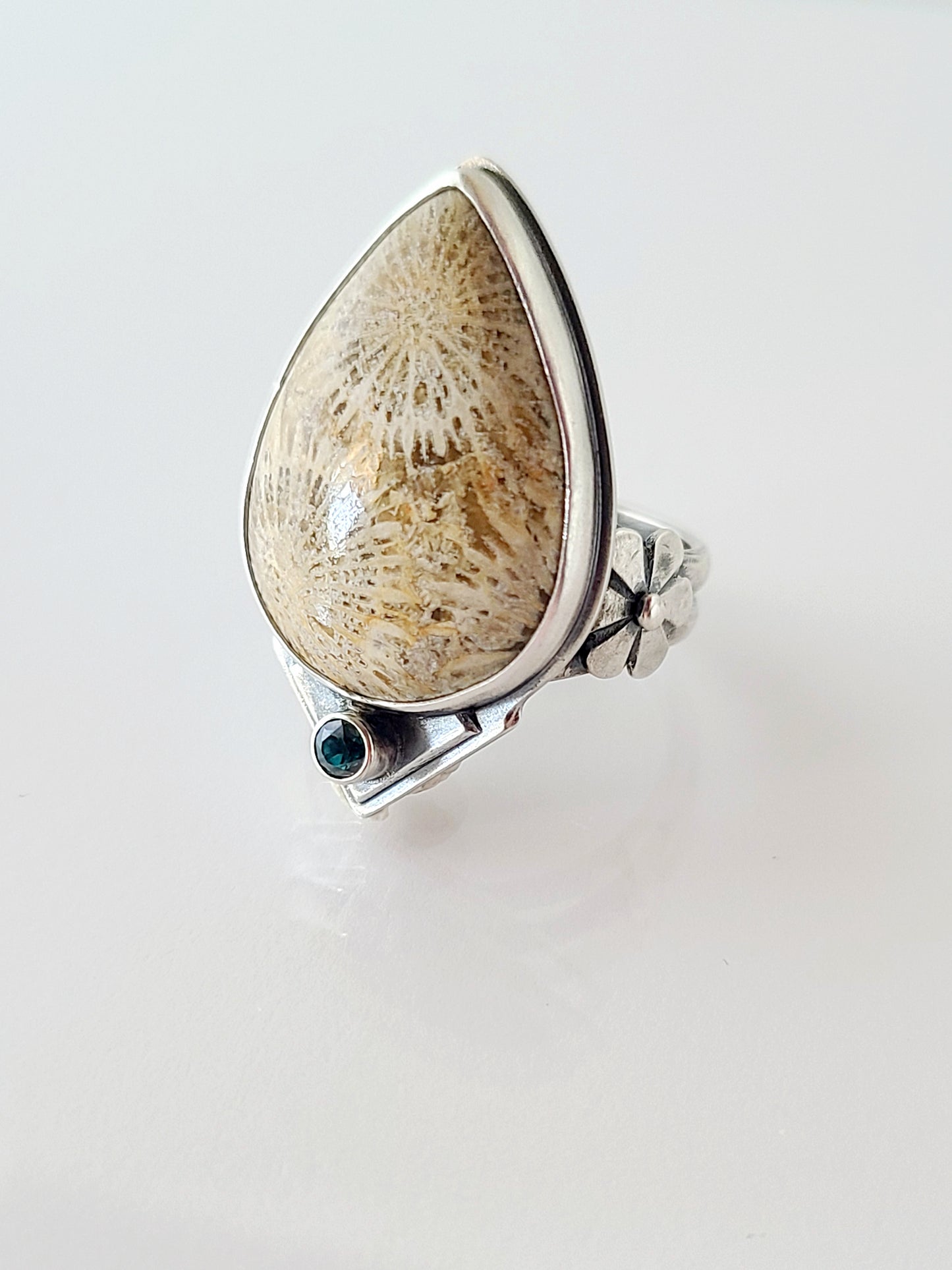 Fossilized Coral and Teal Topaz Statement Ring-size 8.5 US