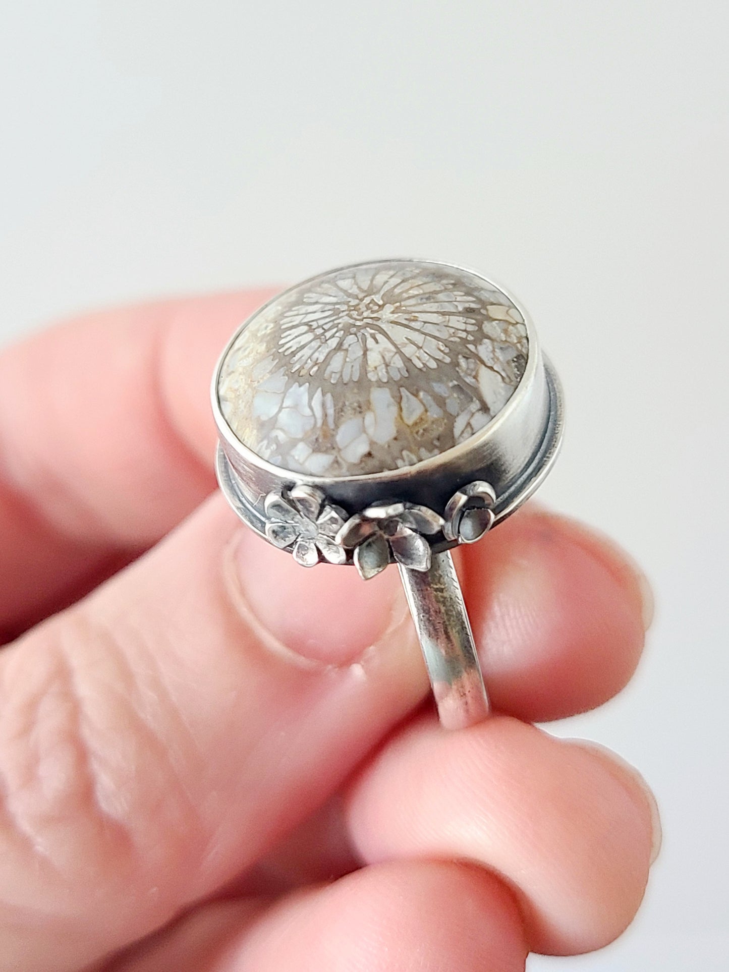 Bouquet ring #16: Round Fossilized Coral-size 8 US