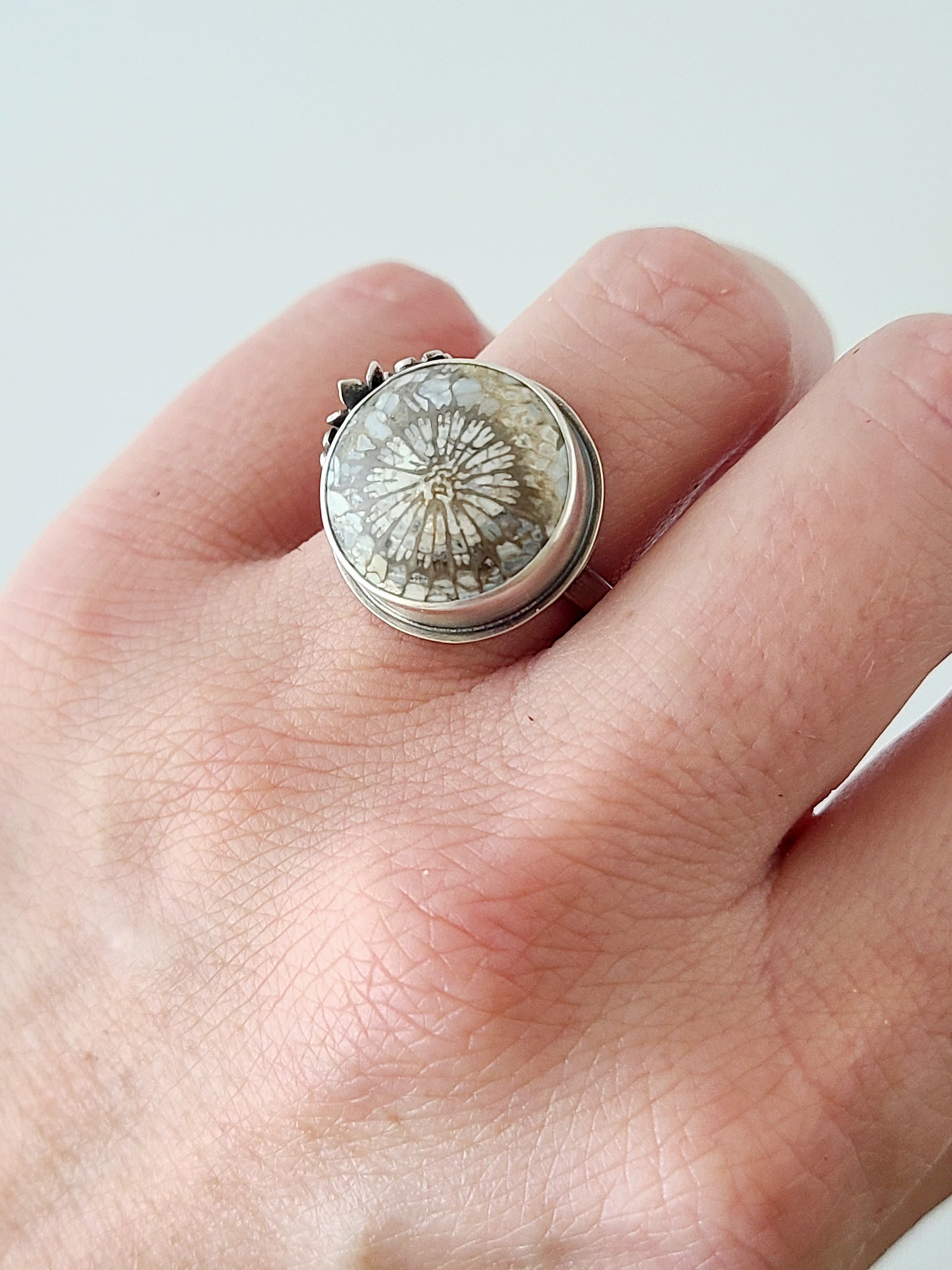 Bouquet ring #16: Round Fossilized Coral-size 8 US