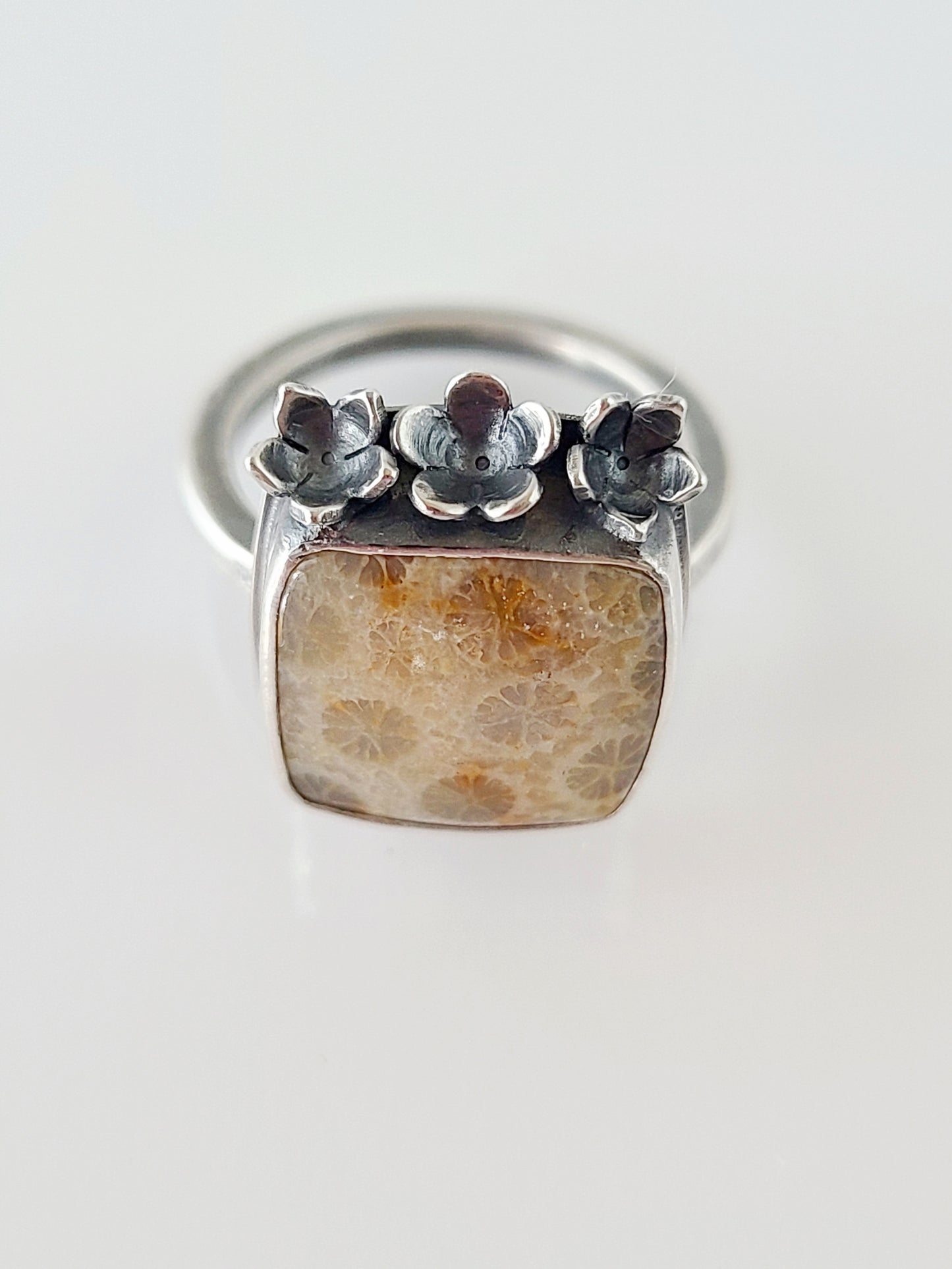 Bouquet Ring #13: Square Fossilized Coral-size 6.75 US