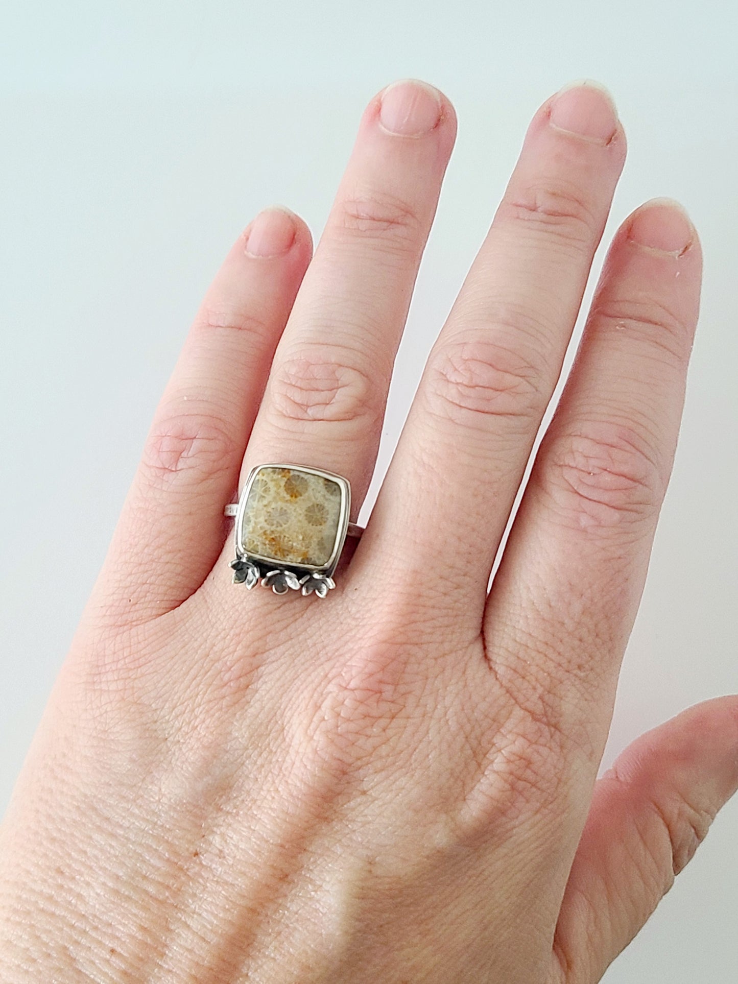 Bouquet Ring #13: Square Fossilized Coral-size 6.75 US