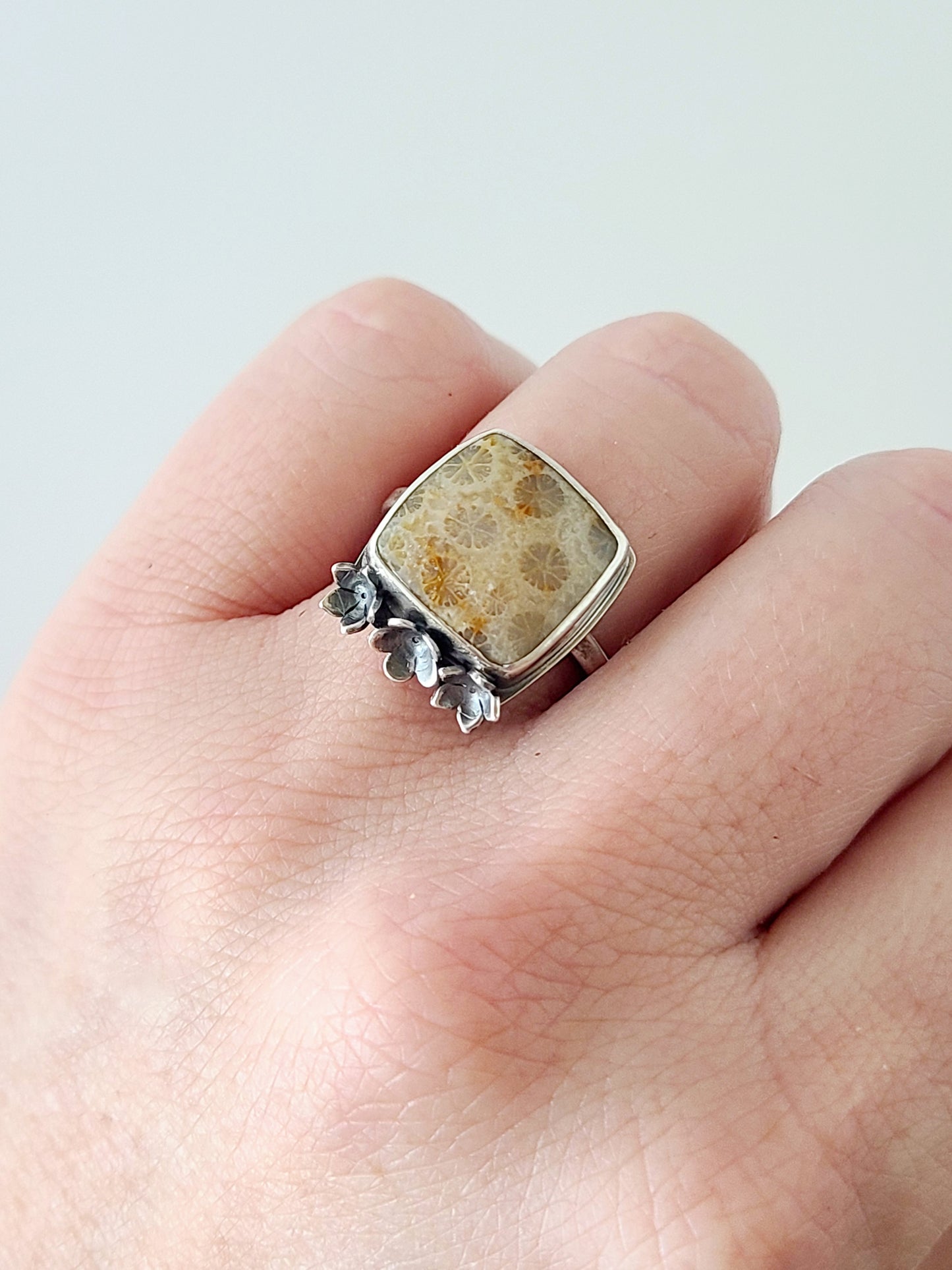 Bouquet Ring #13: Square Fossilized Coral-size 6.75 US