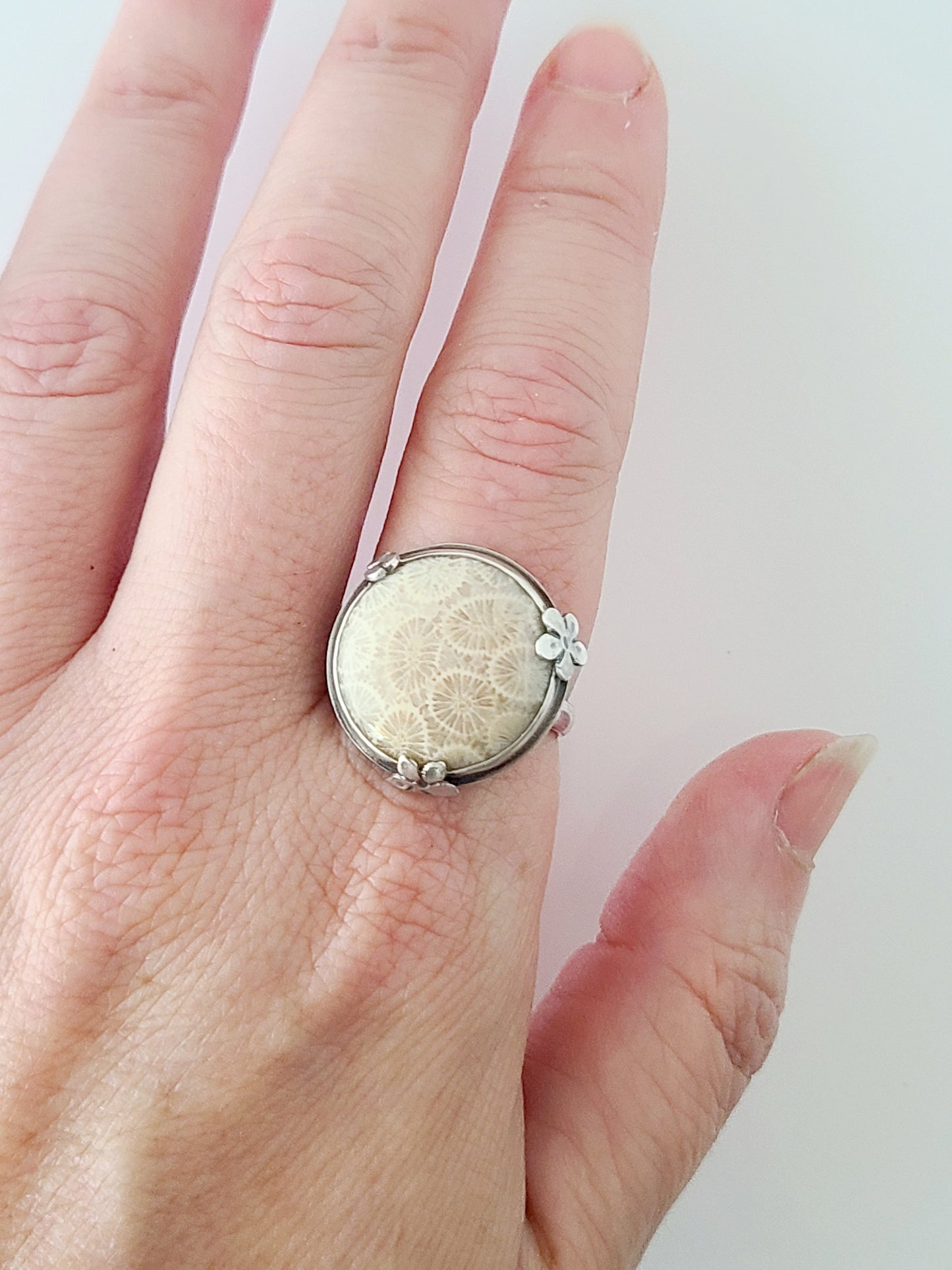 Bouquet ring #18: Round Fossilized Coral-size 8.75 US