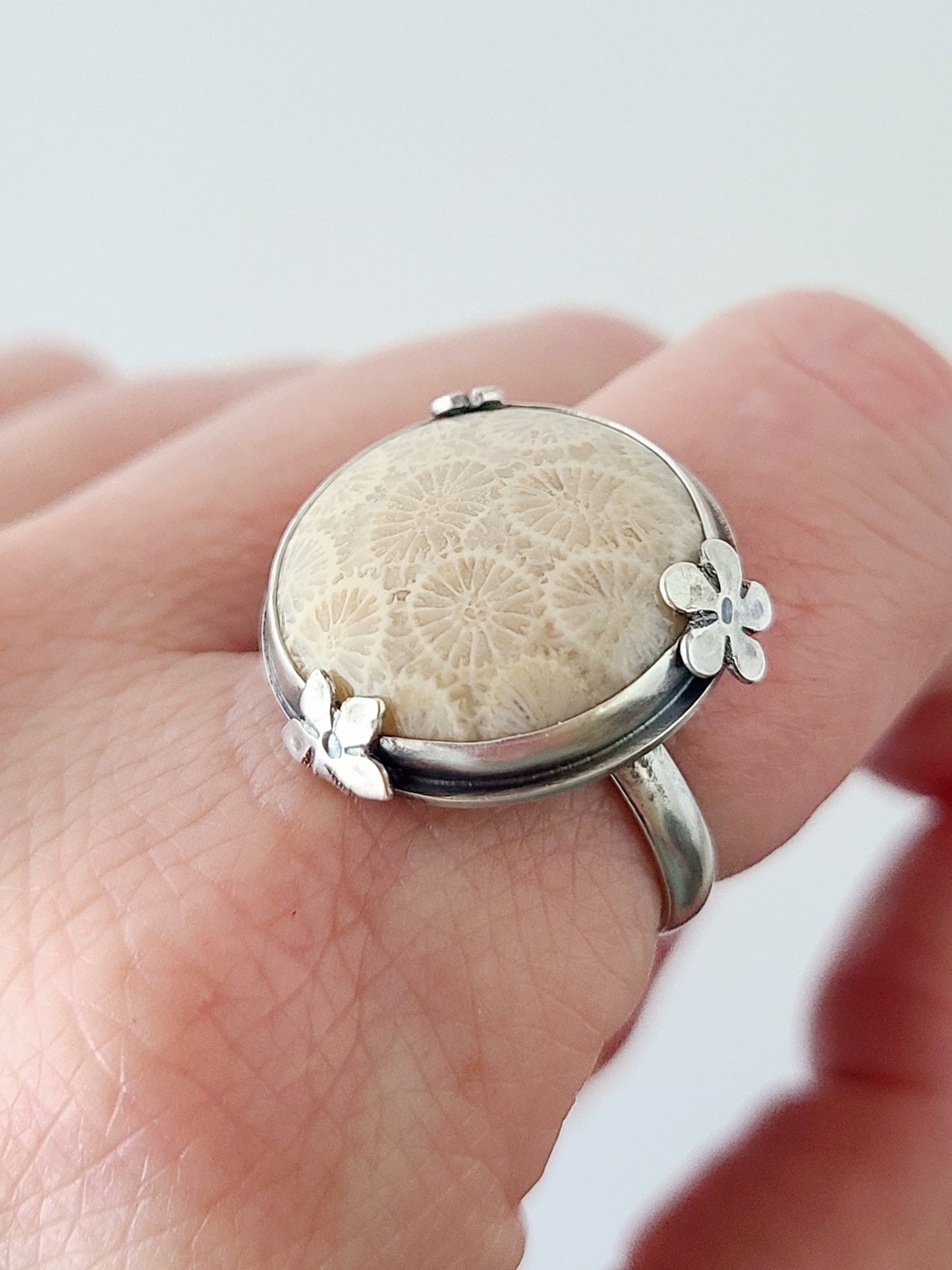 Bouquet ring #18: Round Fossilized Coral-size 8.75 US