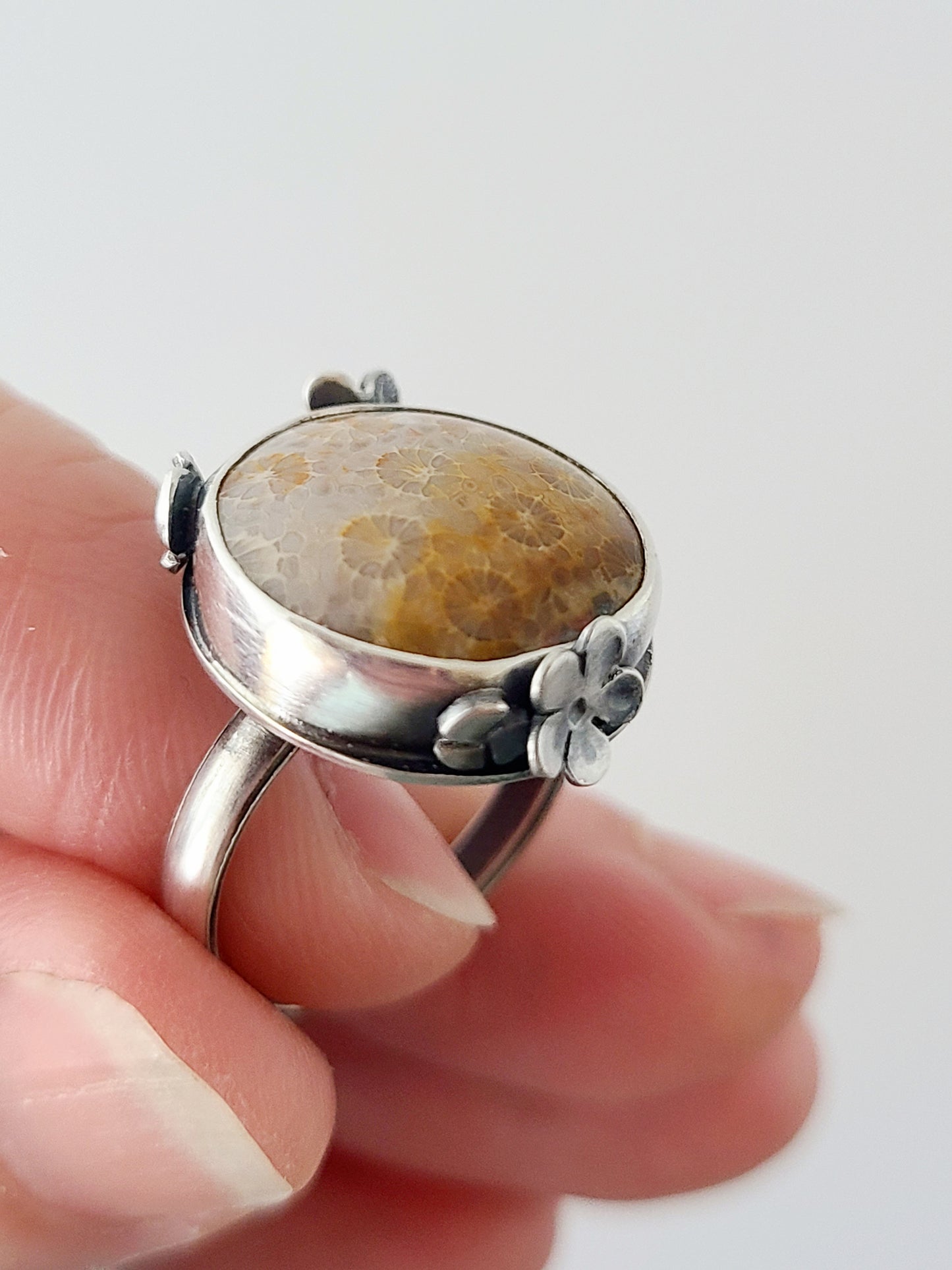 Bouquet Ring #14: Round Fossilized Coral-size 7 US