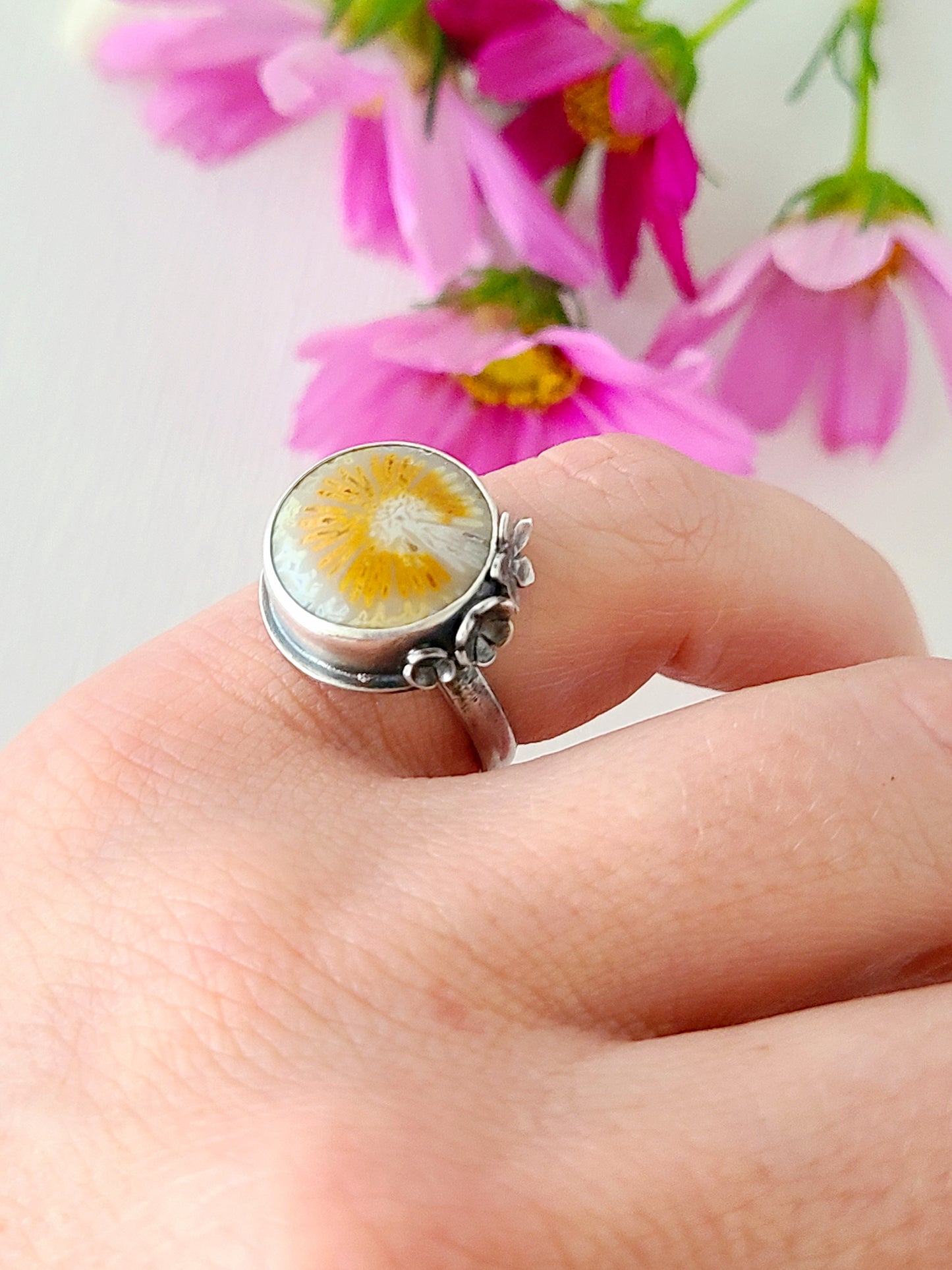 Bouquet Ring #11: Round Fossilized Coral-size 6.25 US