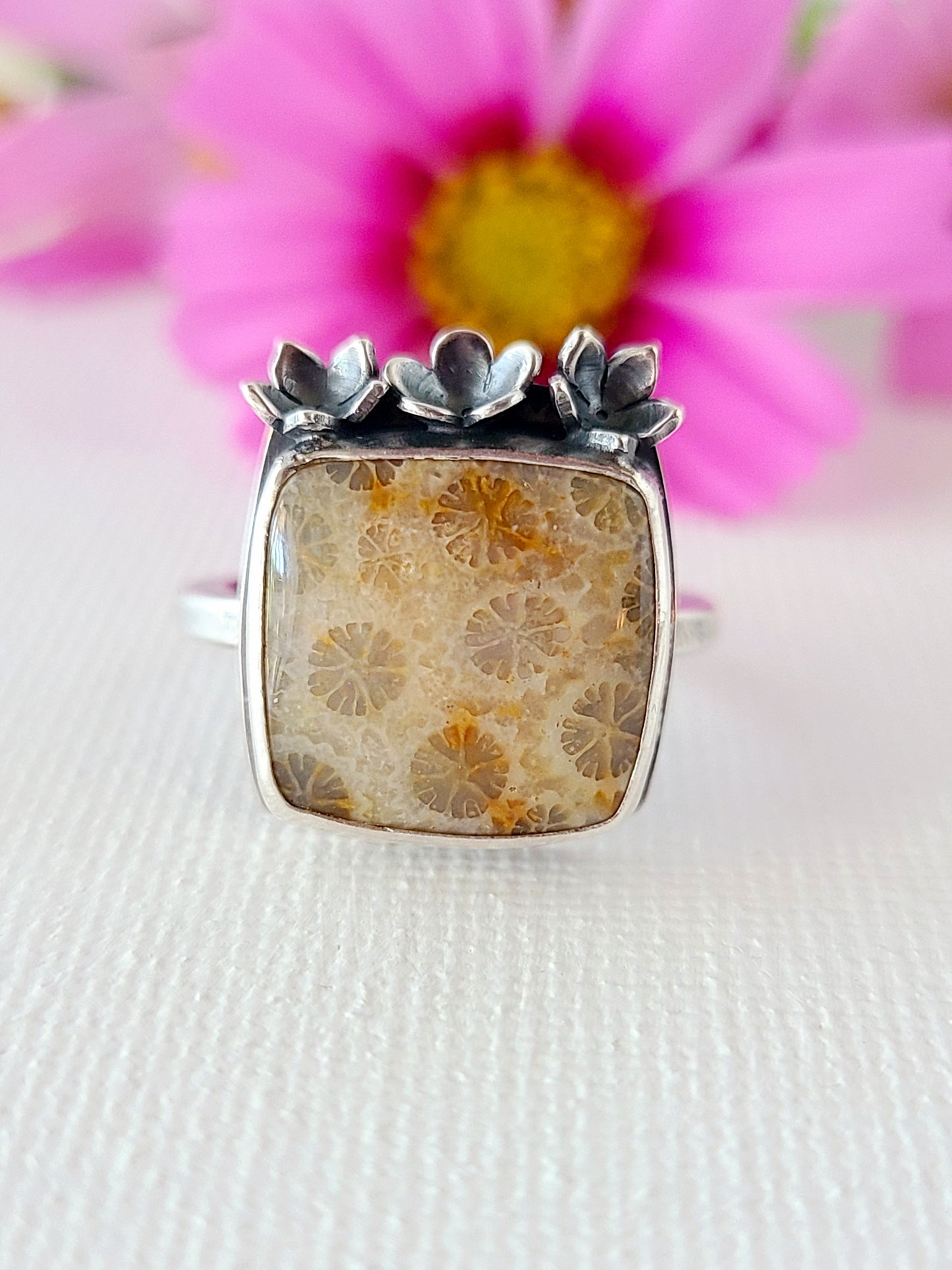 Bouquet Ring #13: Square Fossilized Coral-size 6.75 US