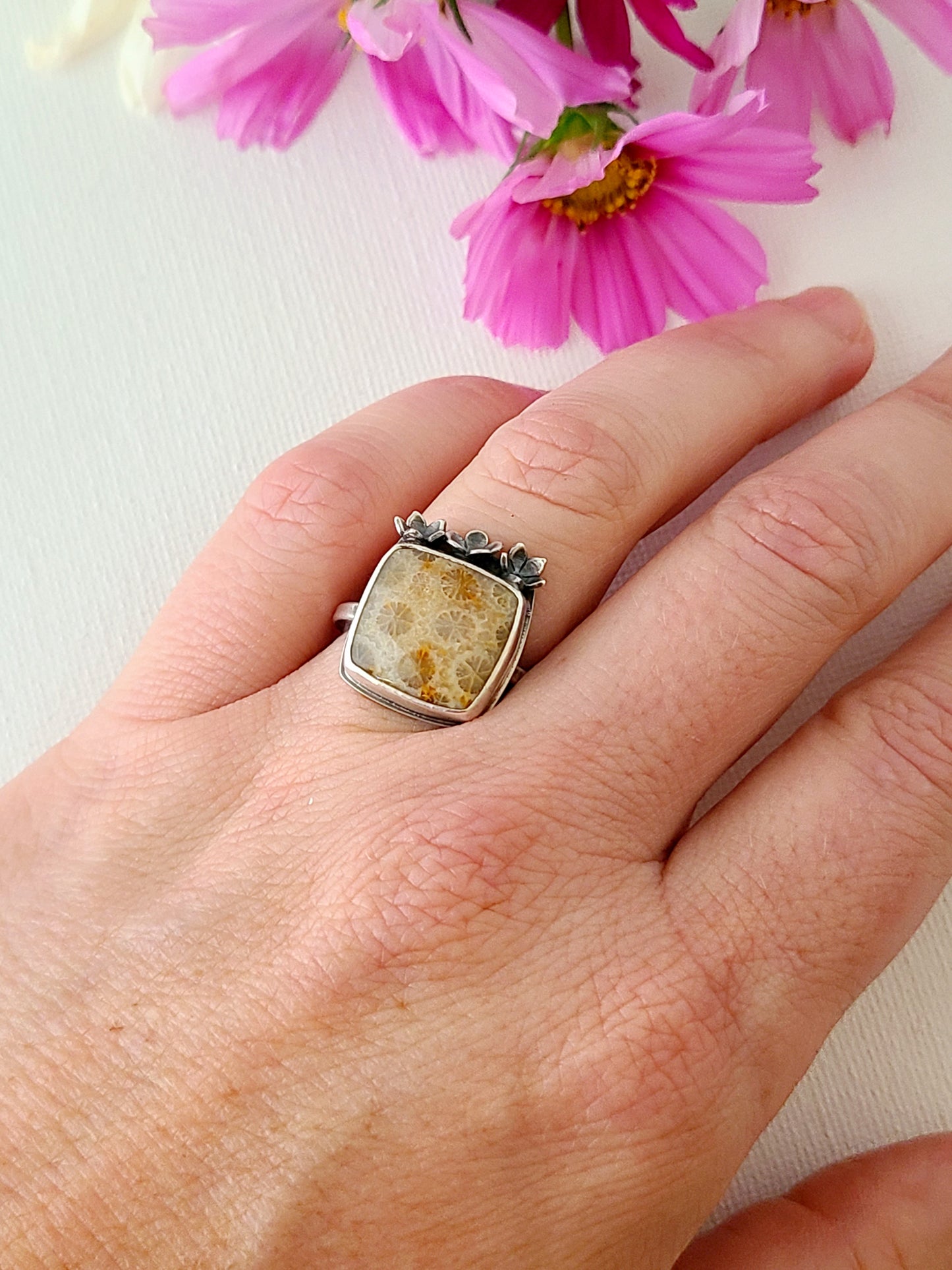 Bouquet Ring #13: Square Fossilized Coral-size 6.75 US