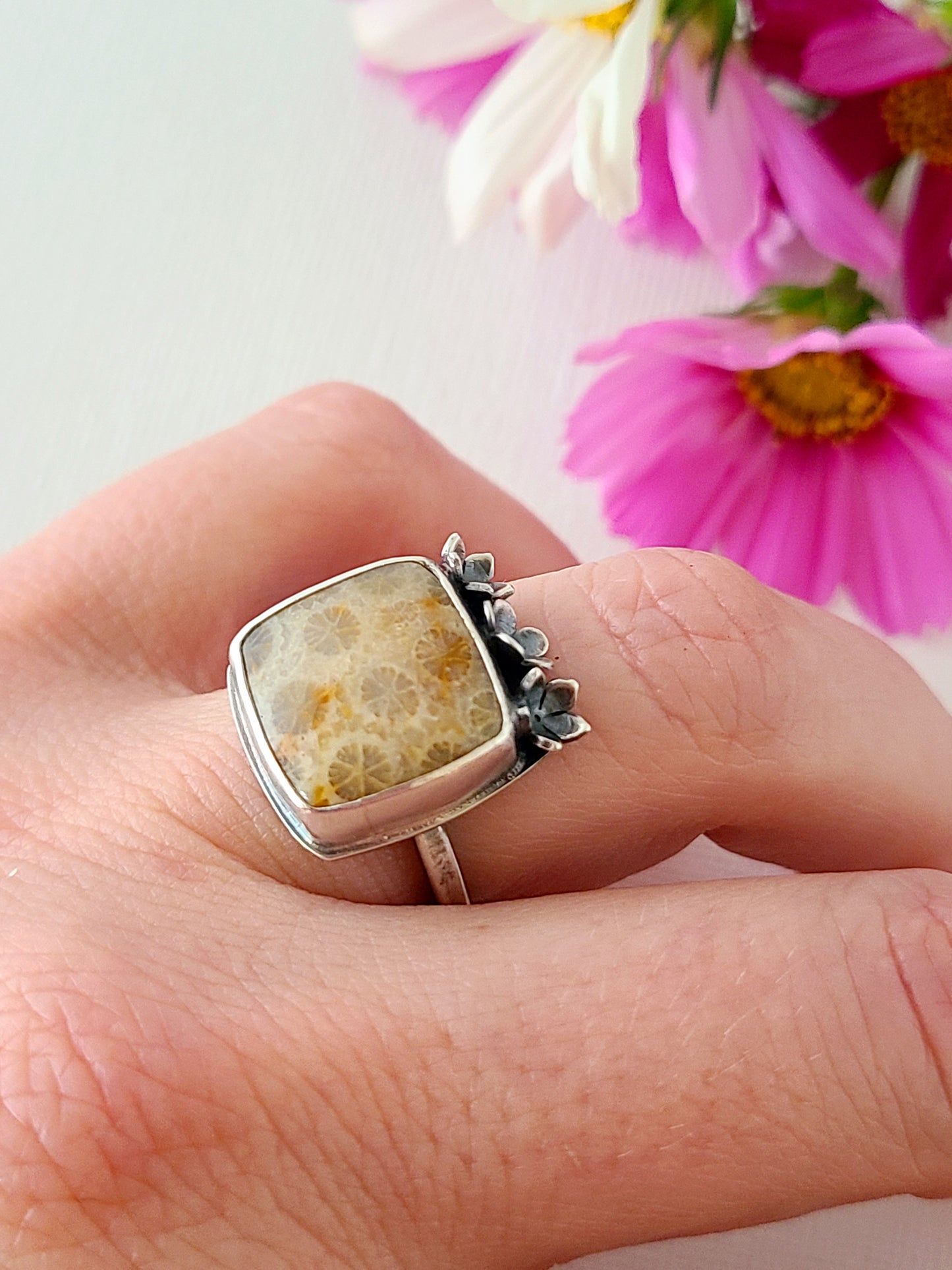 Bouquet Ring #13: Square Fossilized Coral-size 6.75 US