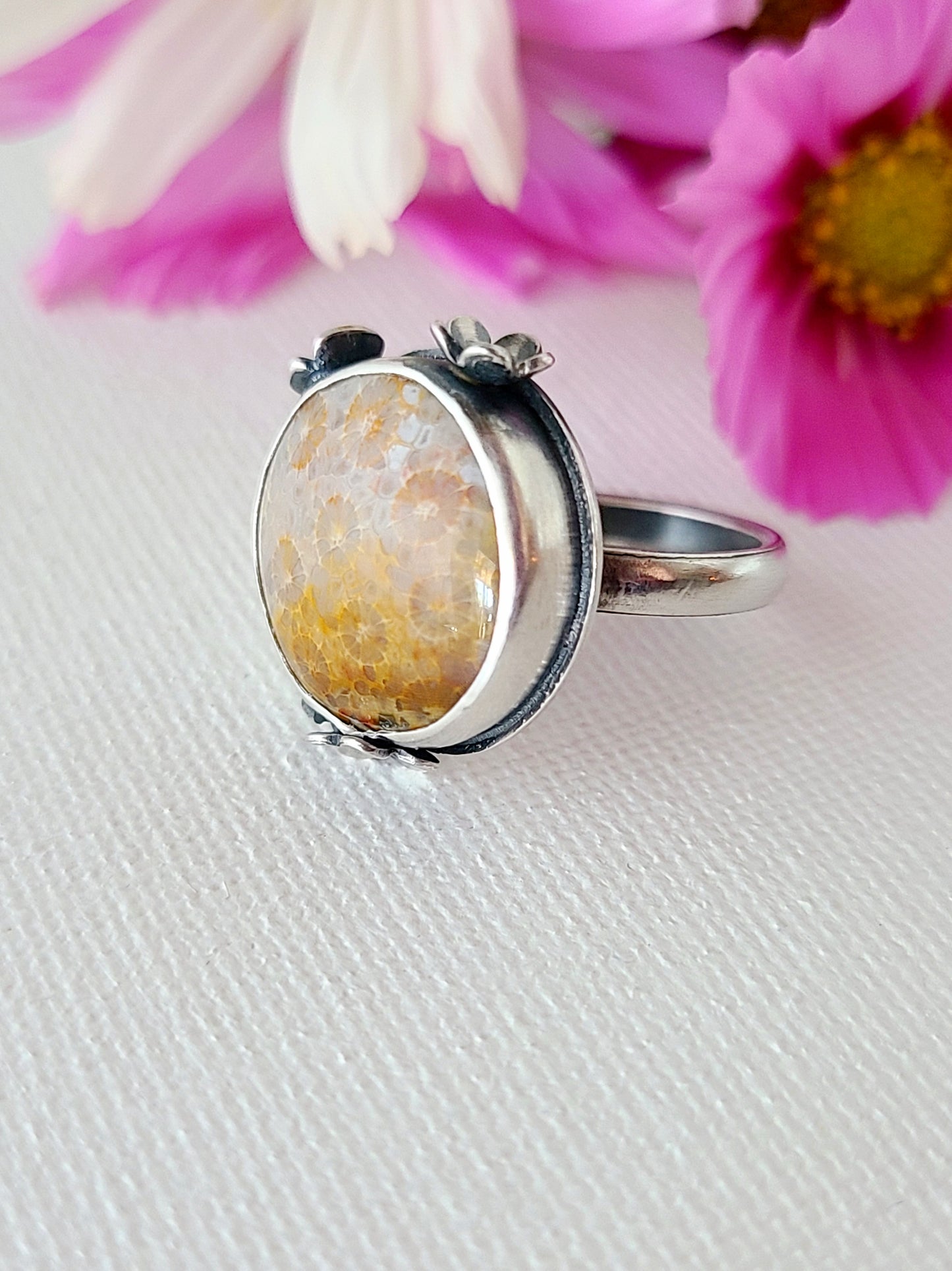 Bouquet Ring #14: Round Fossilized Coral-size 7 US