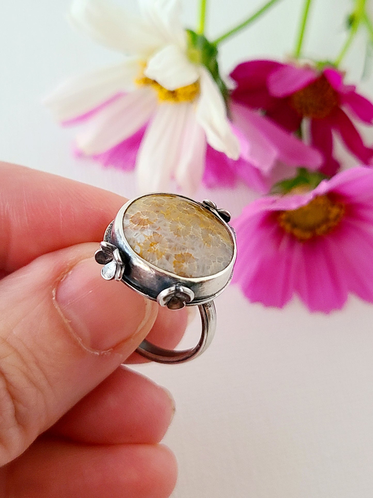 Bouquet Ring #14: Round Fossilized Coral-size 7 US