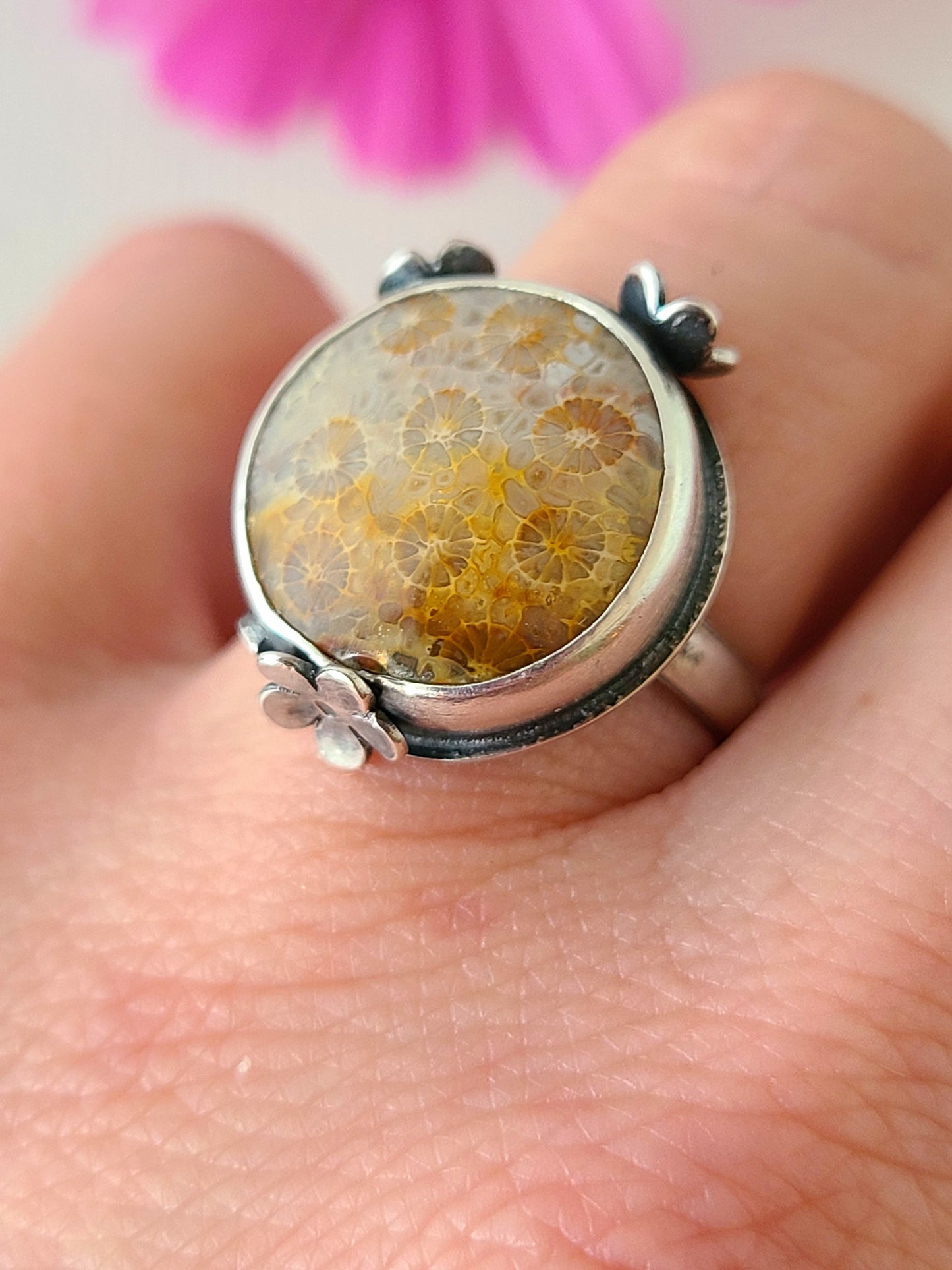 Bouquet Ring #14: Round Fossilized Coral-size 7 US