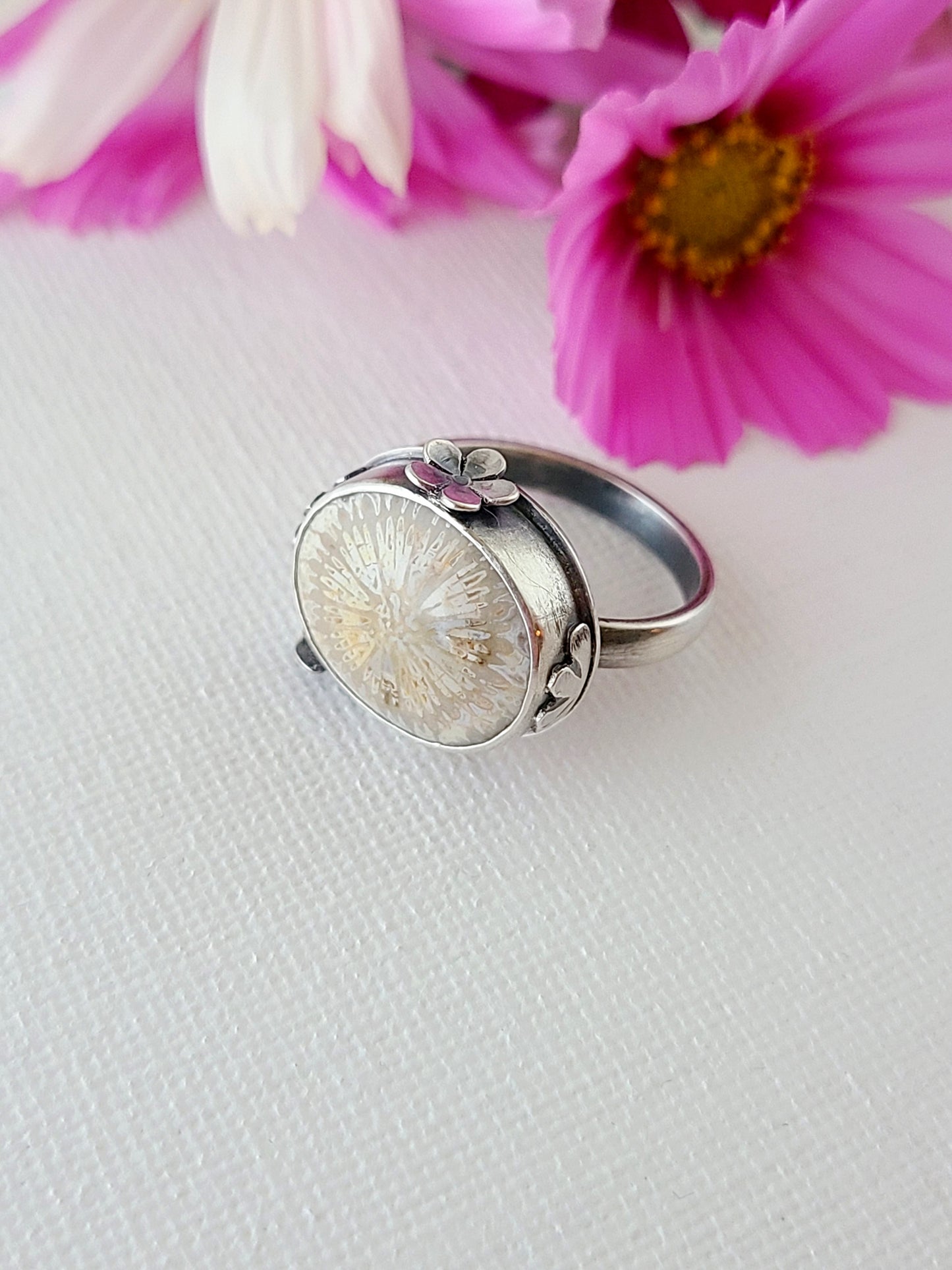 Bouquet ring #15: Oval Fossilized Coral-size 7.5 US