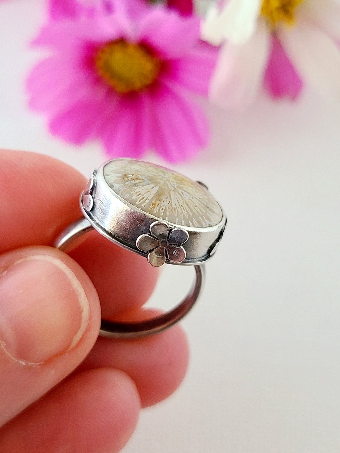 Bouquet ring #15: Oval Fossilized Coral-size 7.5 US