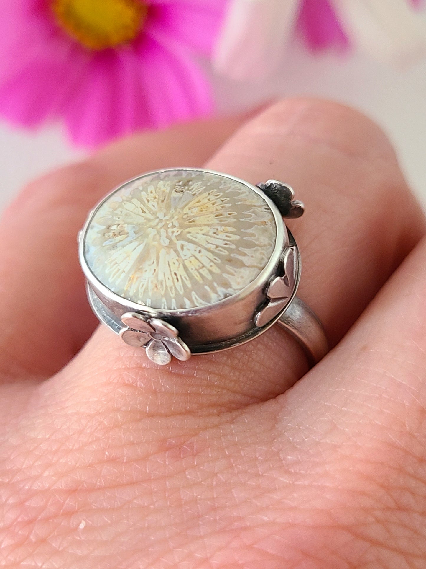 Bouquet ring #15: Oval Fossilized Coral-size 7.5 US