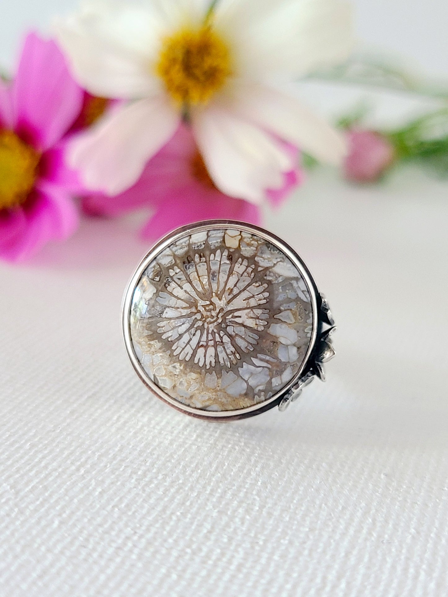 Bouquet ring #16: Round Fossilized Coral-size 8 US