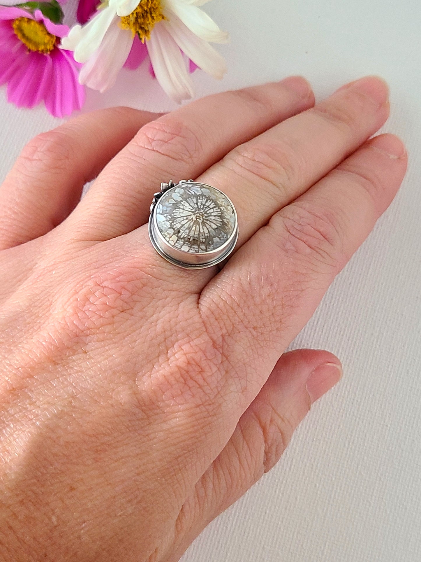 Bouquet ring #16: Round Fossilized Coral-size 8 US