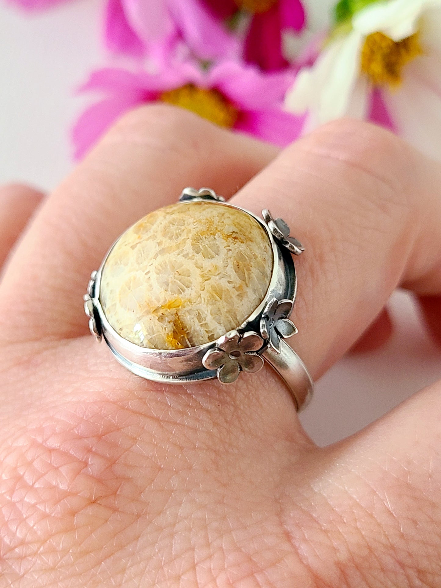 Bouquet ring #17: Round Fossilized Coral-size 8.75 US