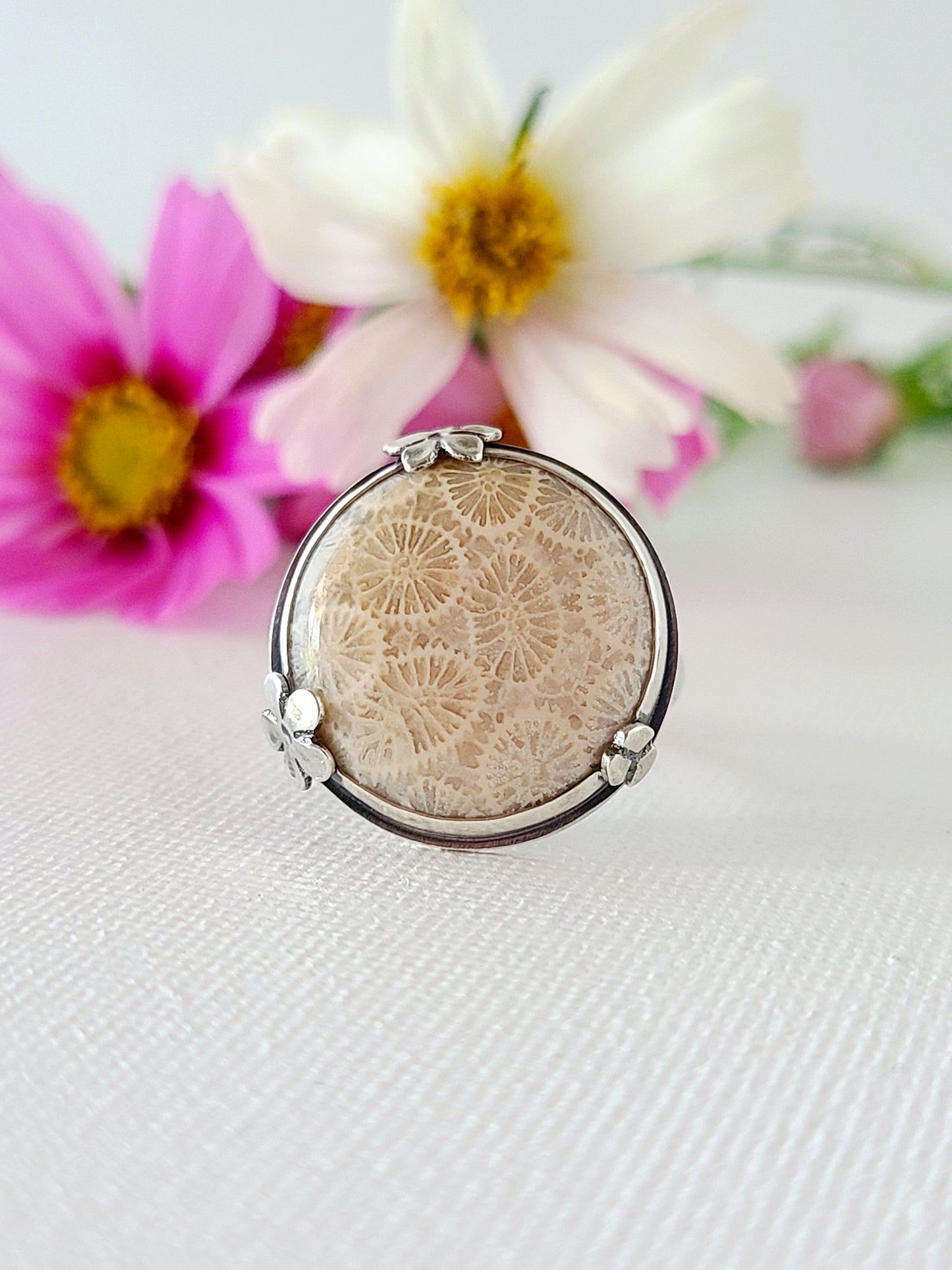 Bouquet ring #18: Round Fossilized Coral-size 8.75 US