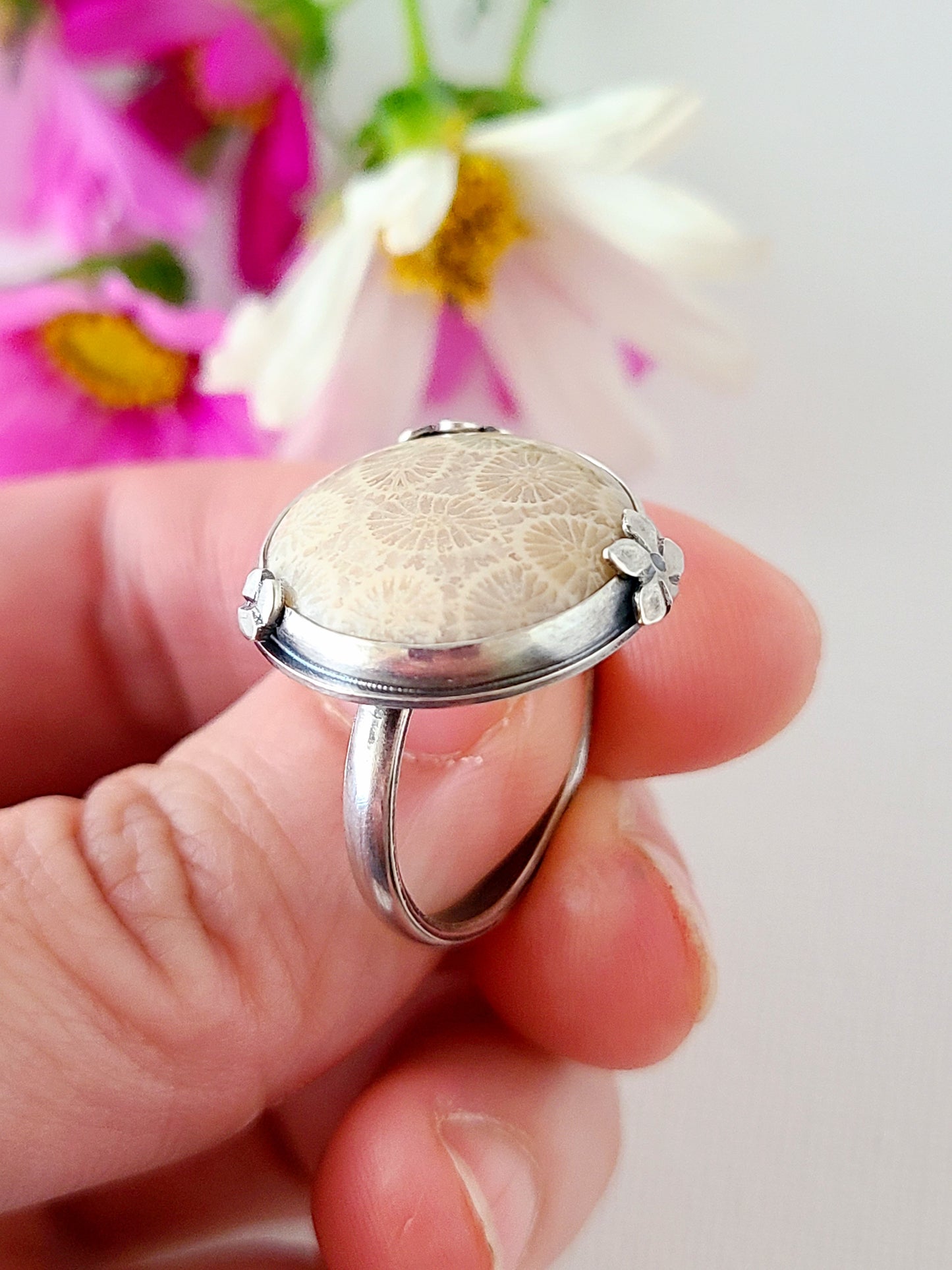 Bouquet ring #18: Round Fossilized Coral-size 8.75 US