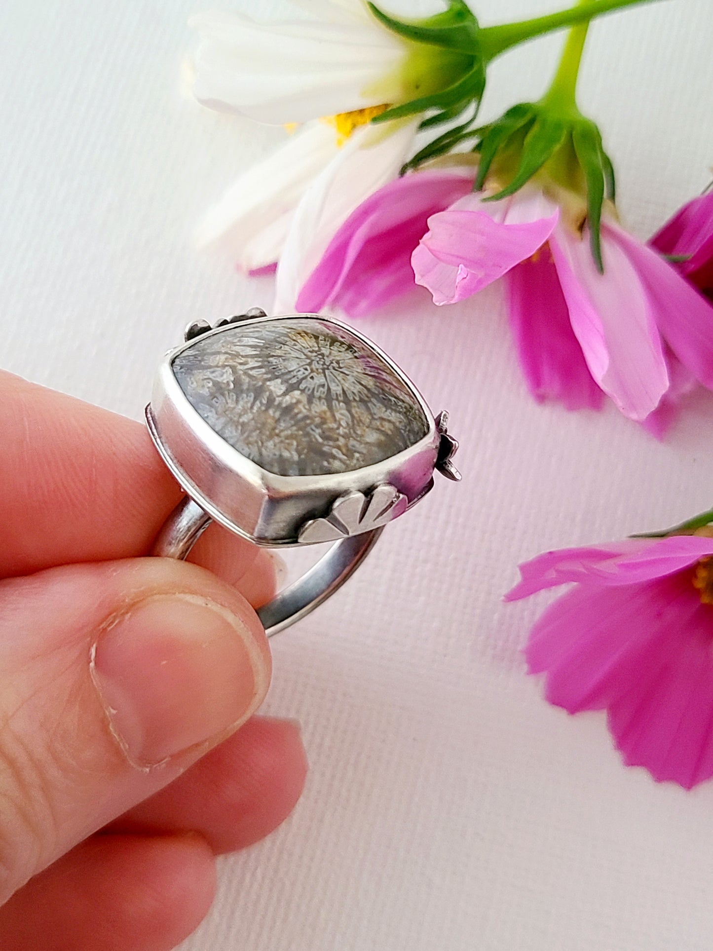 Bouquet Ring #19: Square Fossilized Coral-size 9.5 US