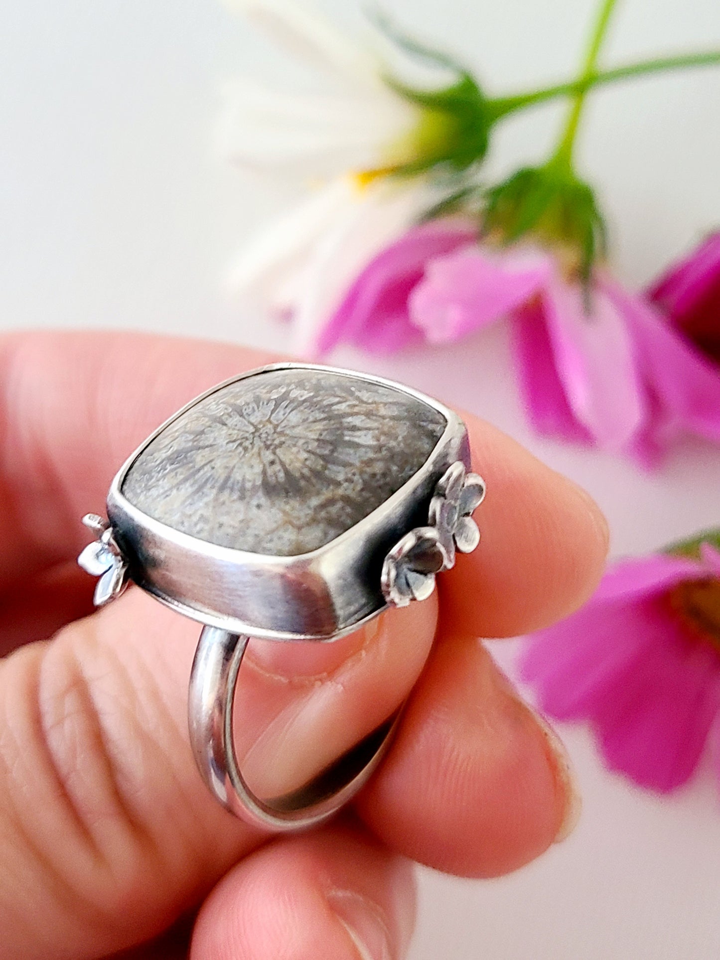 Bouquet Ring #19: Square Fossilized Coral-size 9.5 US