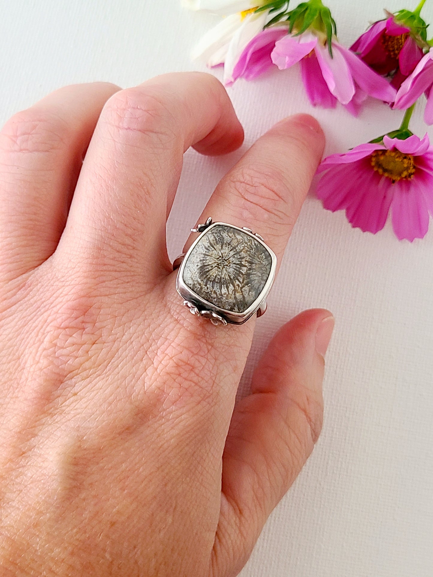 Bouquet Ring #19: Square Fossilized Coral-size 9.5 US