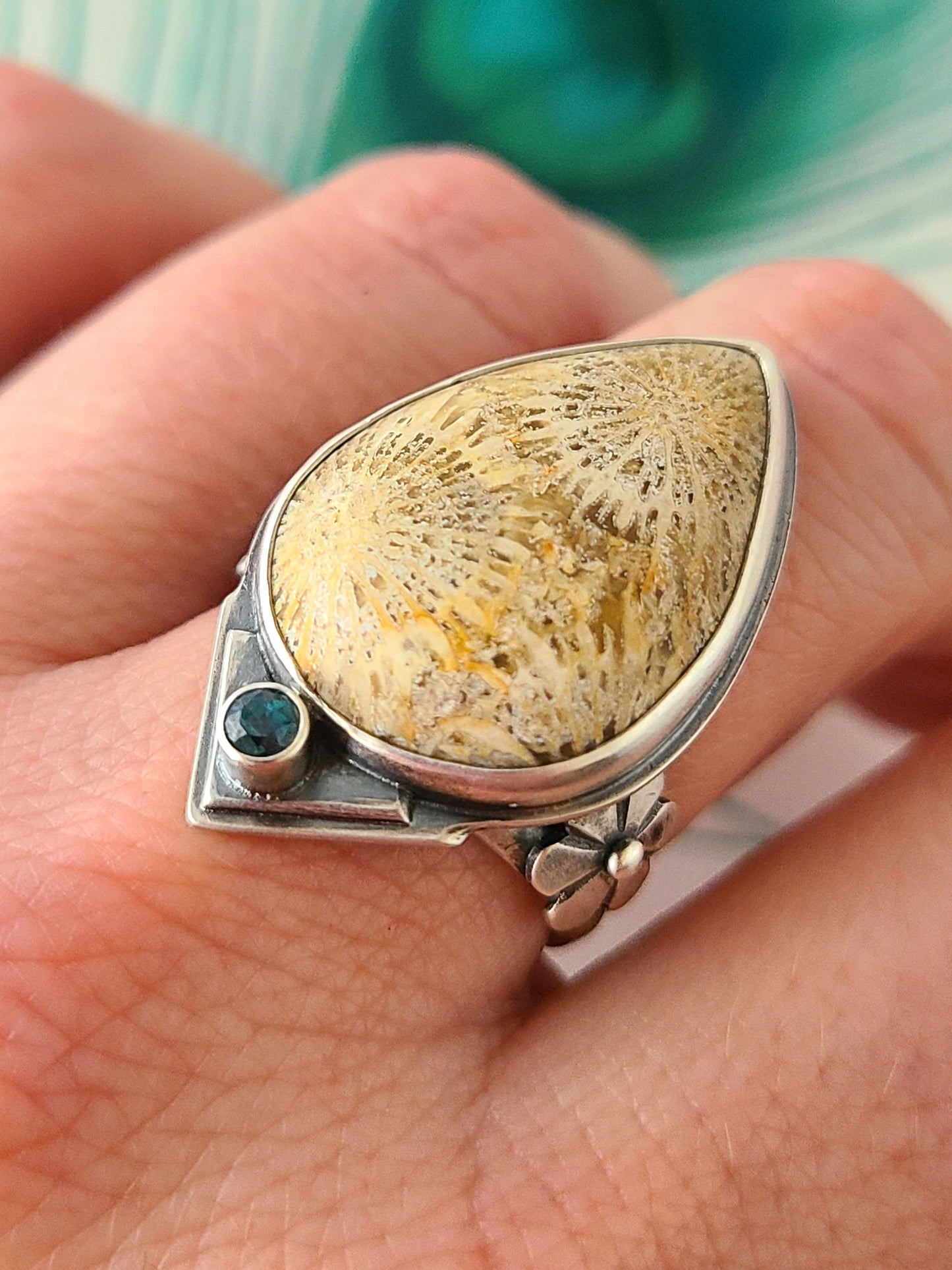 Fossilized Coral and Teal Topaz Statement Ring-size 8.5 US