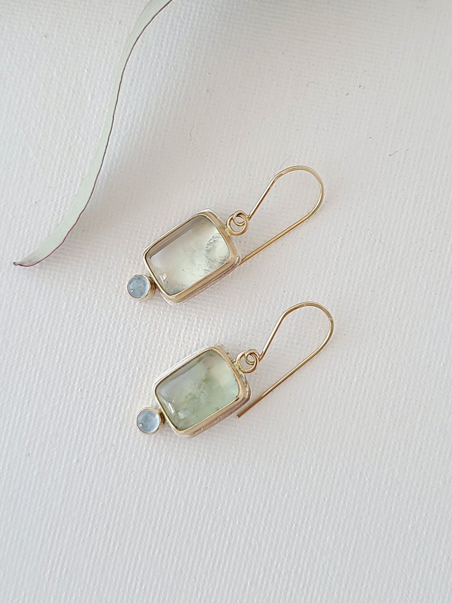 Prehnite and Aquamarine Earrings SS/14K