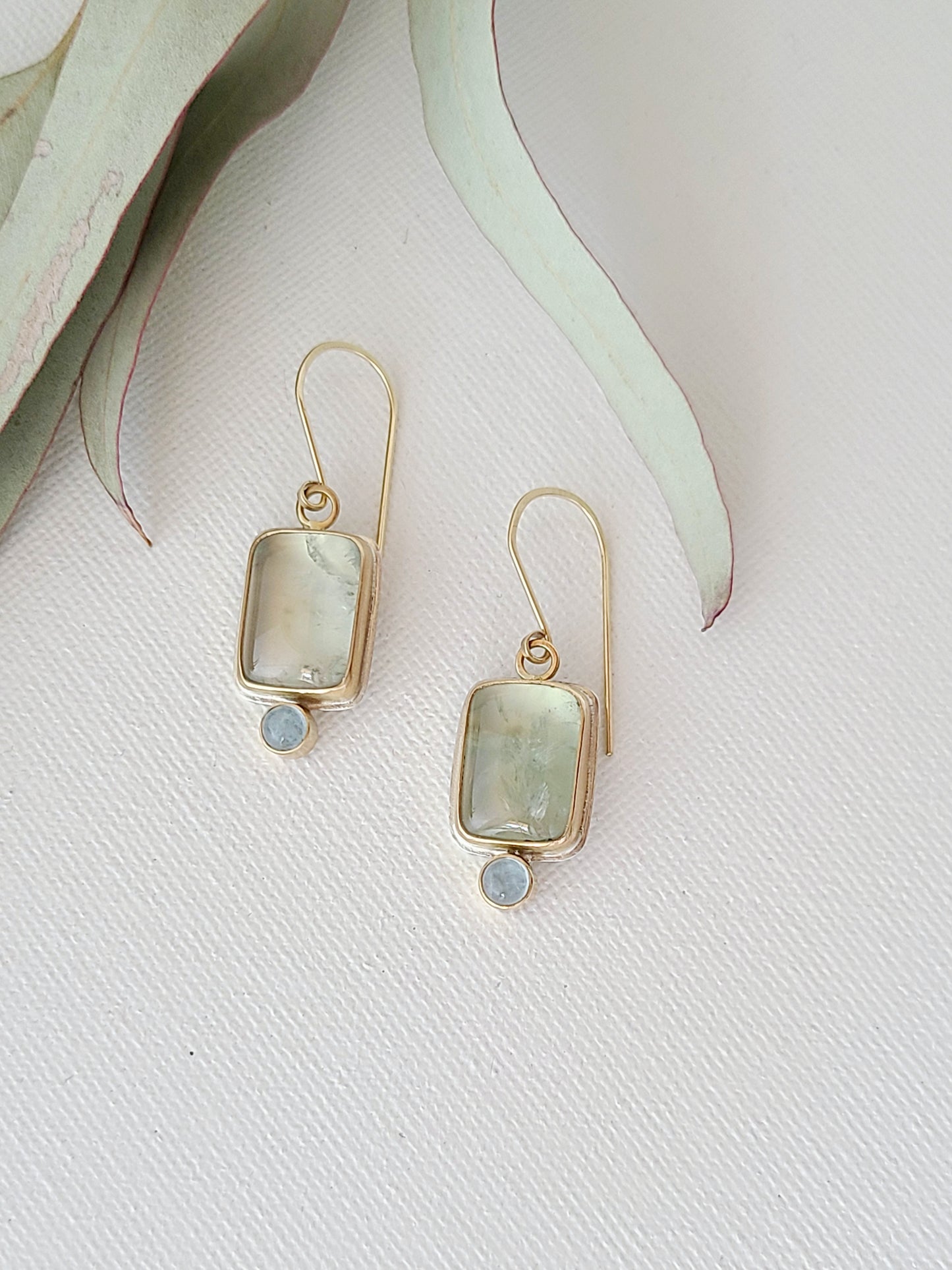 Prehnite and Aquamarine Earrings SS/14K