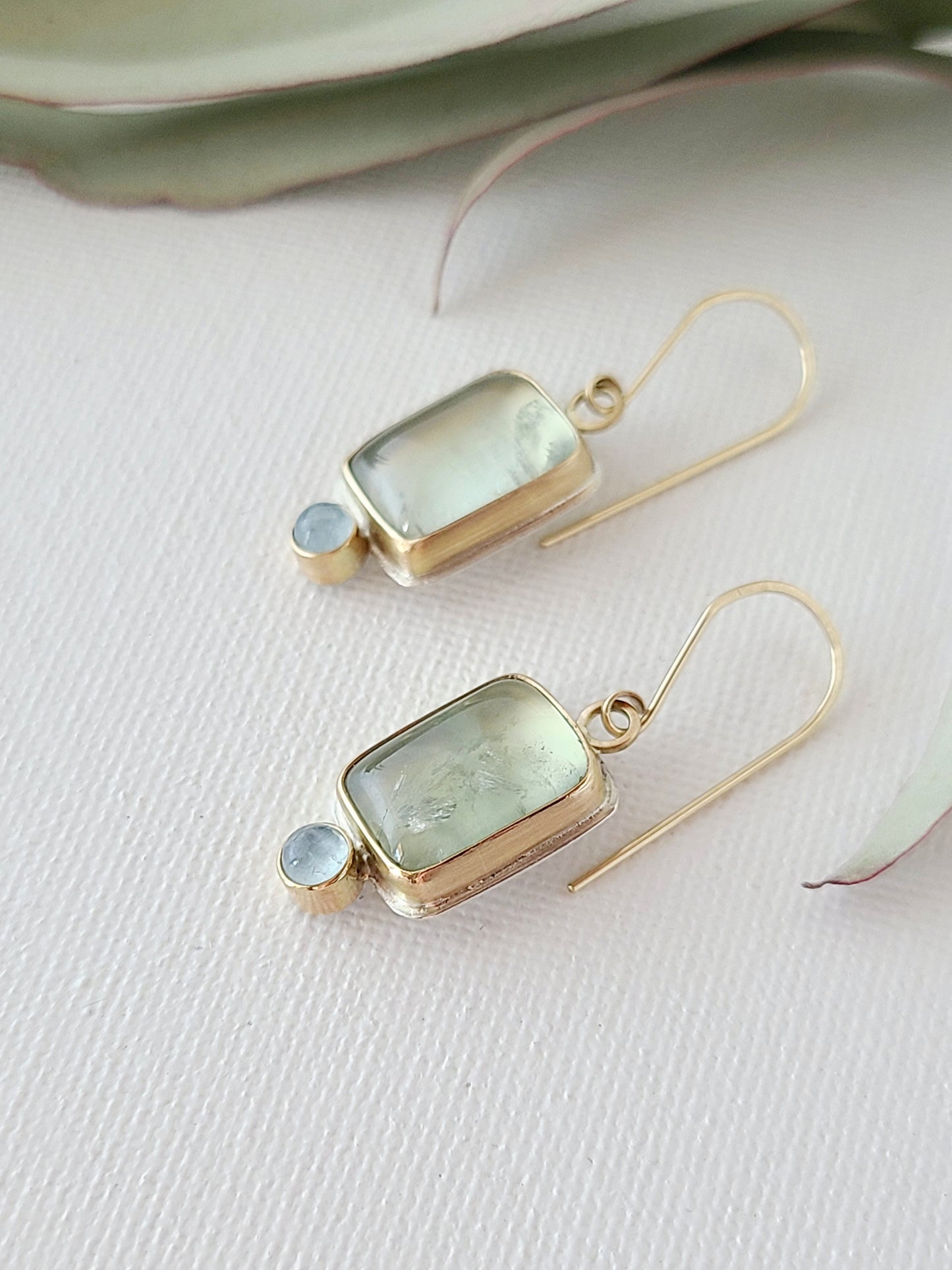 Prehnite and Aquamarine Earrings SS/14K