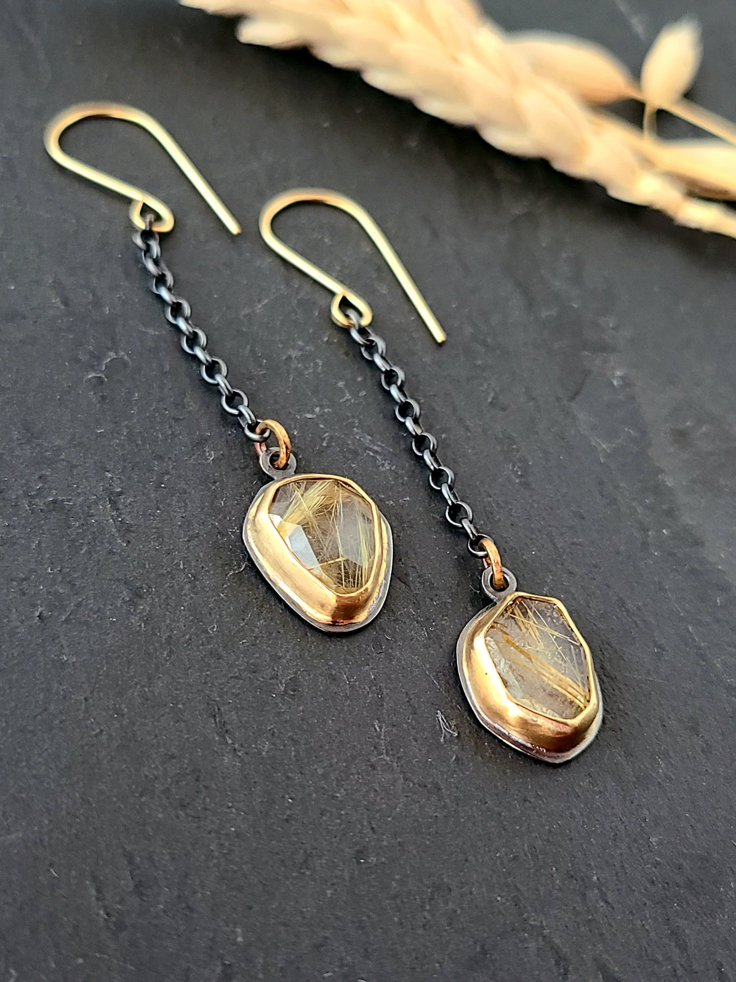 Rosecut Rutilated Quartz Chain Dangle Earrings