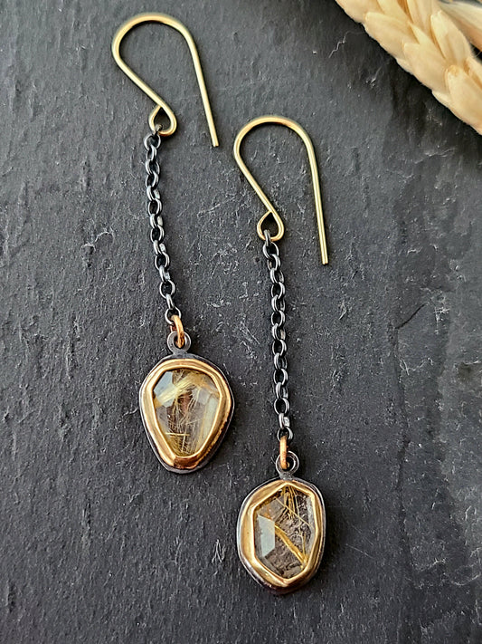 Rosecut Rutilated Quartz Chain Dangle Earrings