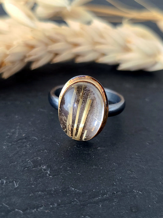 Rutilated Quartz Oval Ring-SS/14K Size 5.75 US