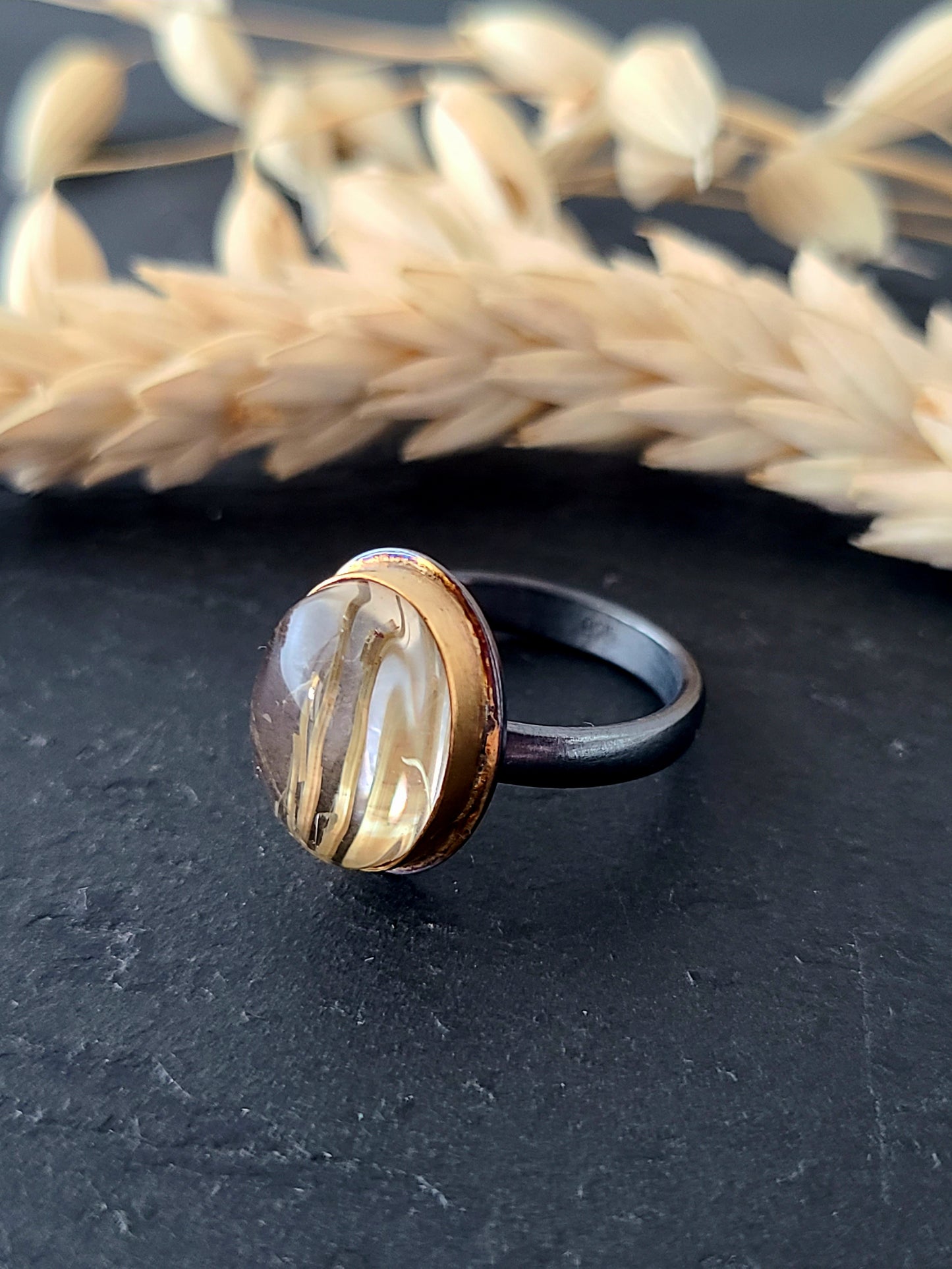 Rutilated Quartz Oval Ring-SS/14K Size 5.75 US