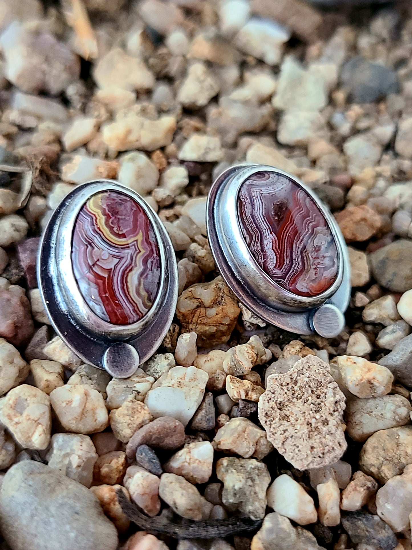 Skipping Stones Oval Agate Studs-Red & Yellow