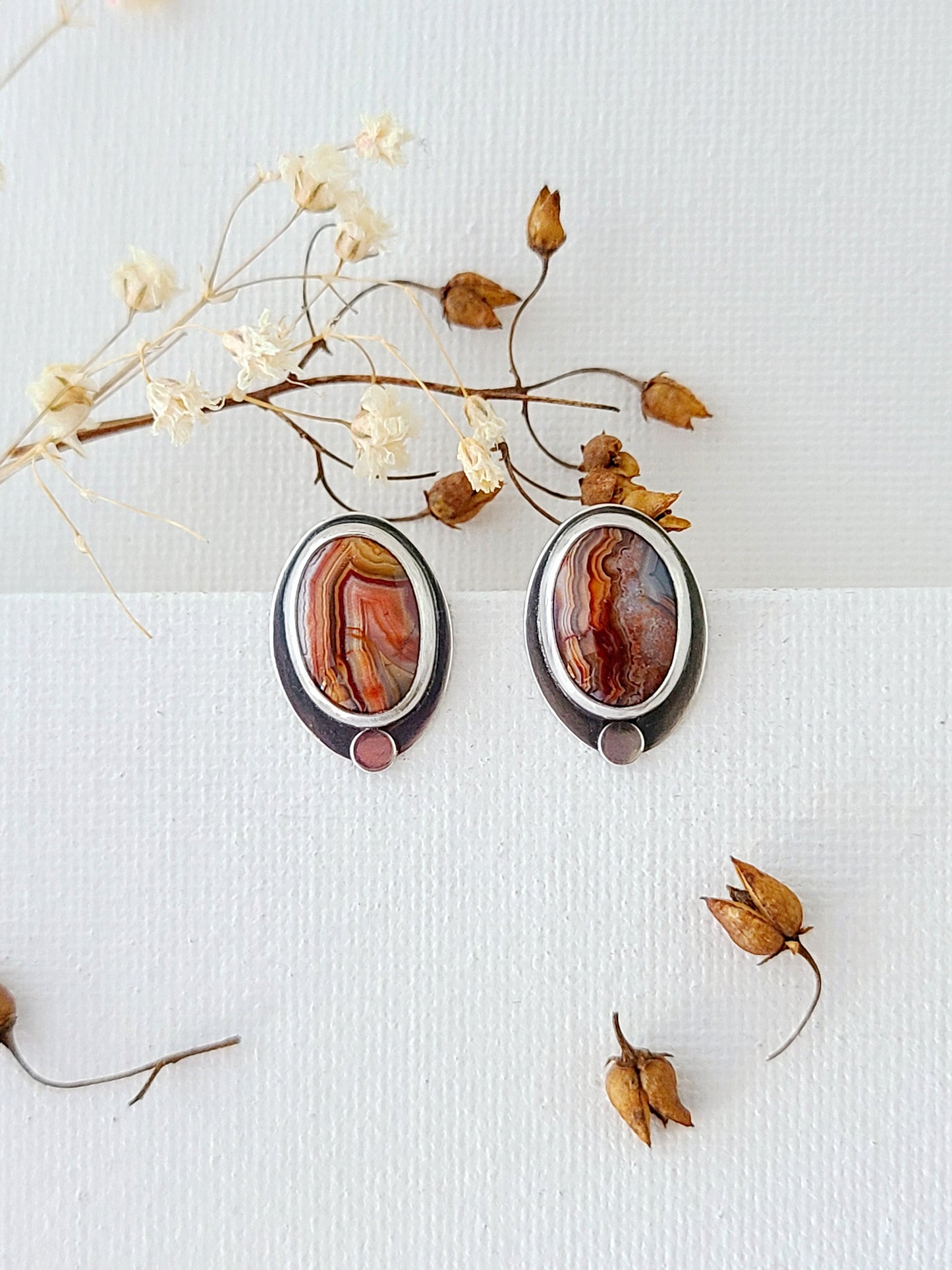 Skipping Stones Oval Agate Studs-Orange & Red