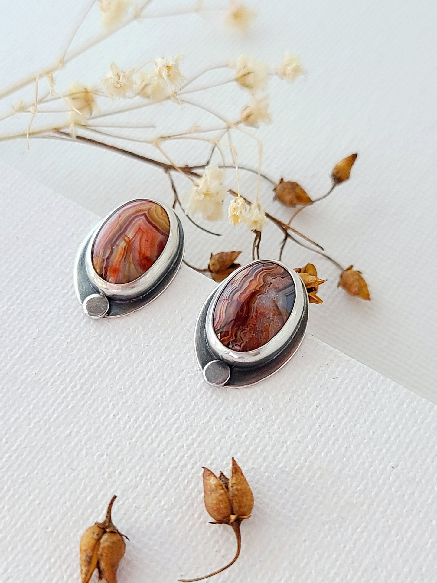 Skipping Stones Oval Agate Studs-Orange & Red