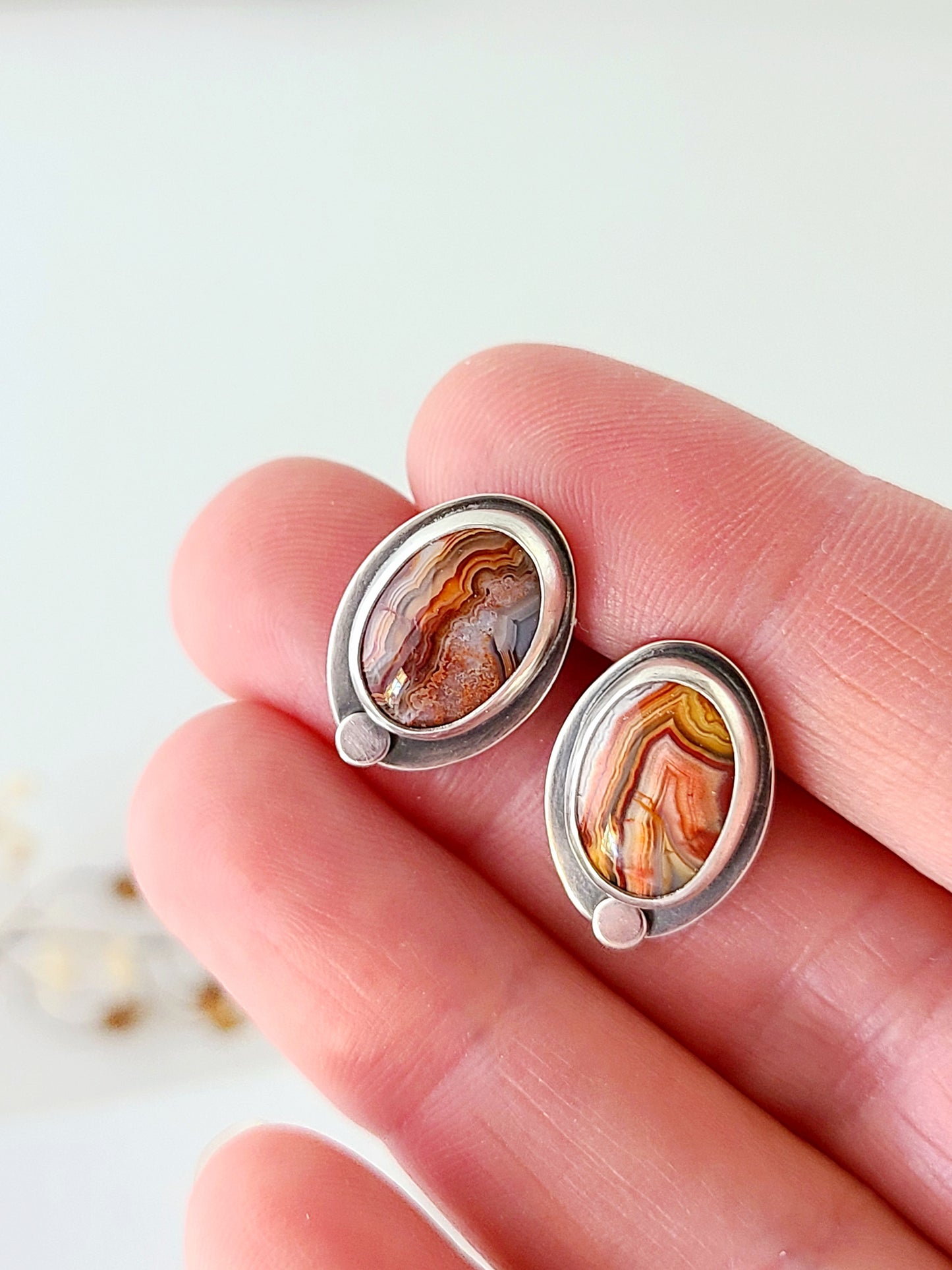 Skipping Stones Oval Agate Studs-Orange & Red