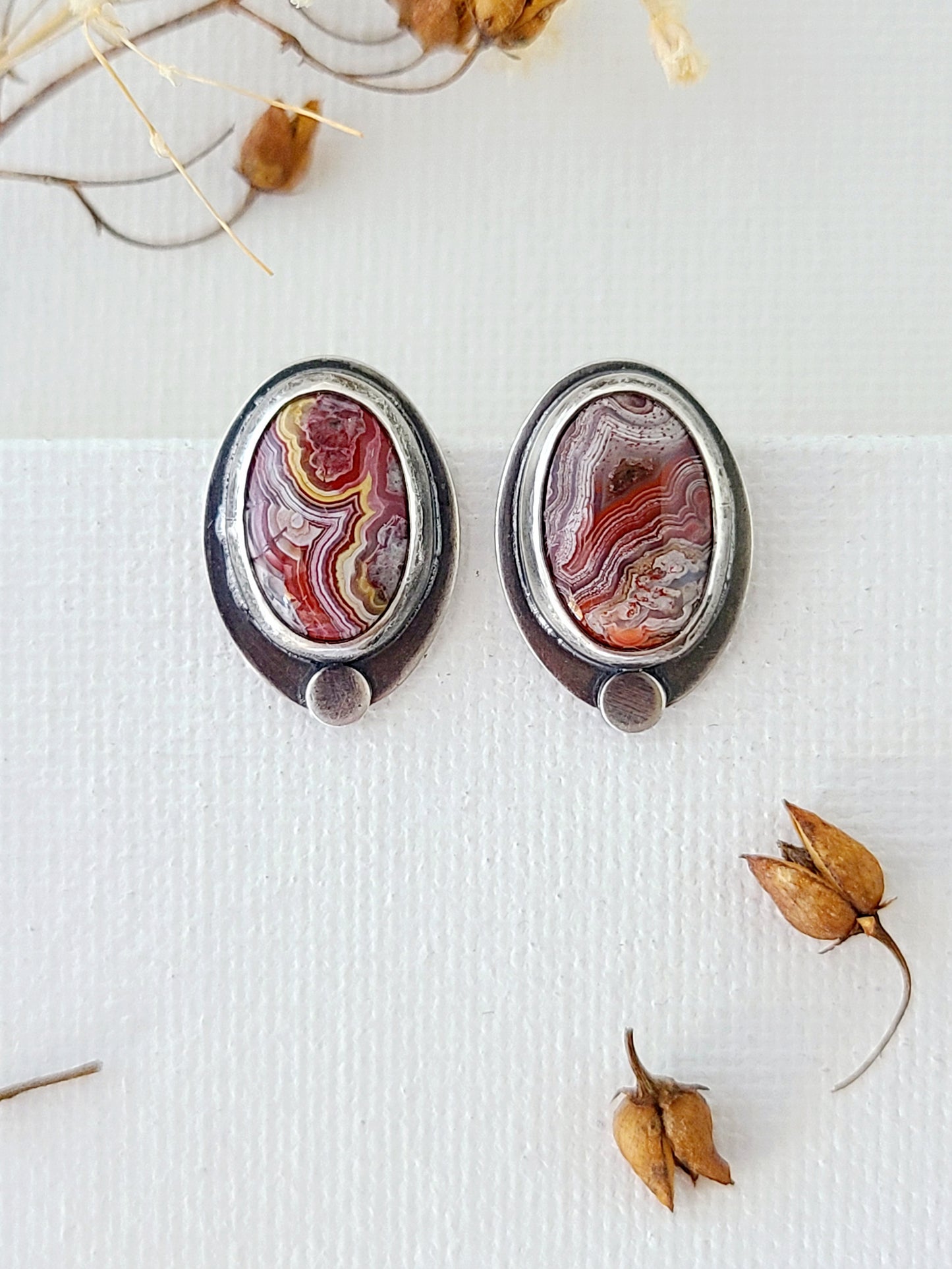 Skipping Stones Oval Agate Studs-Red & Yellow