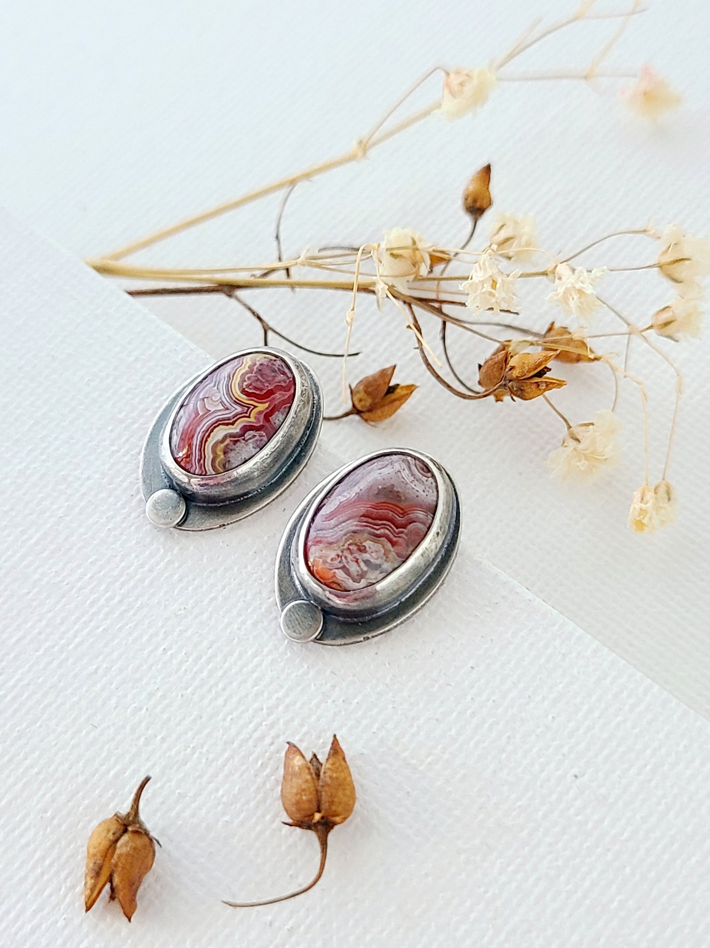 Skipping Stones Oval Agate Studs-Red & Yellow