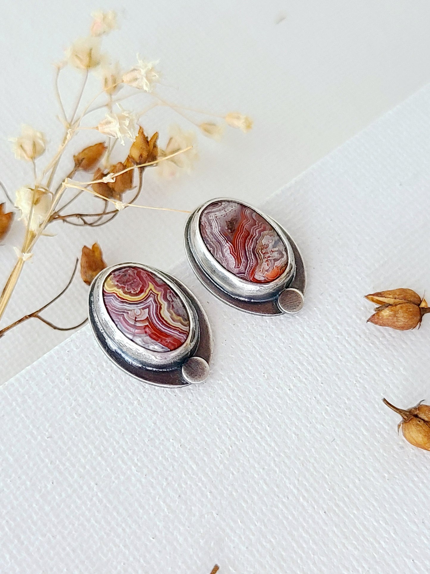 Skipping Stones Oval Agate Studs-Red & Yellow