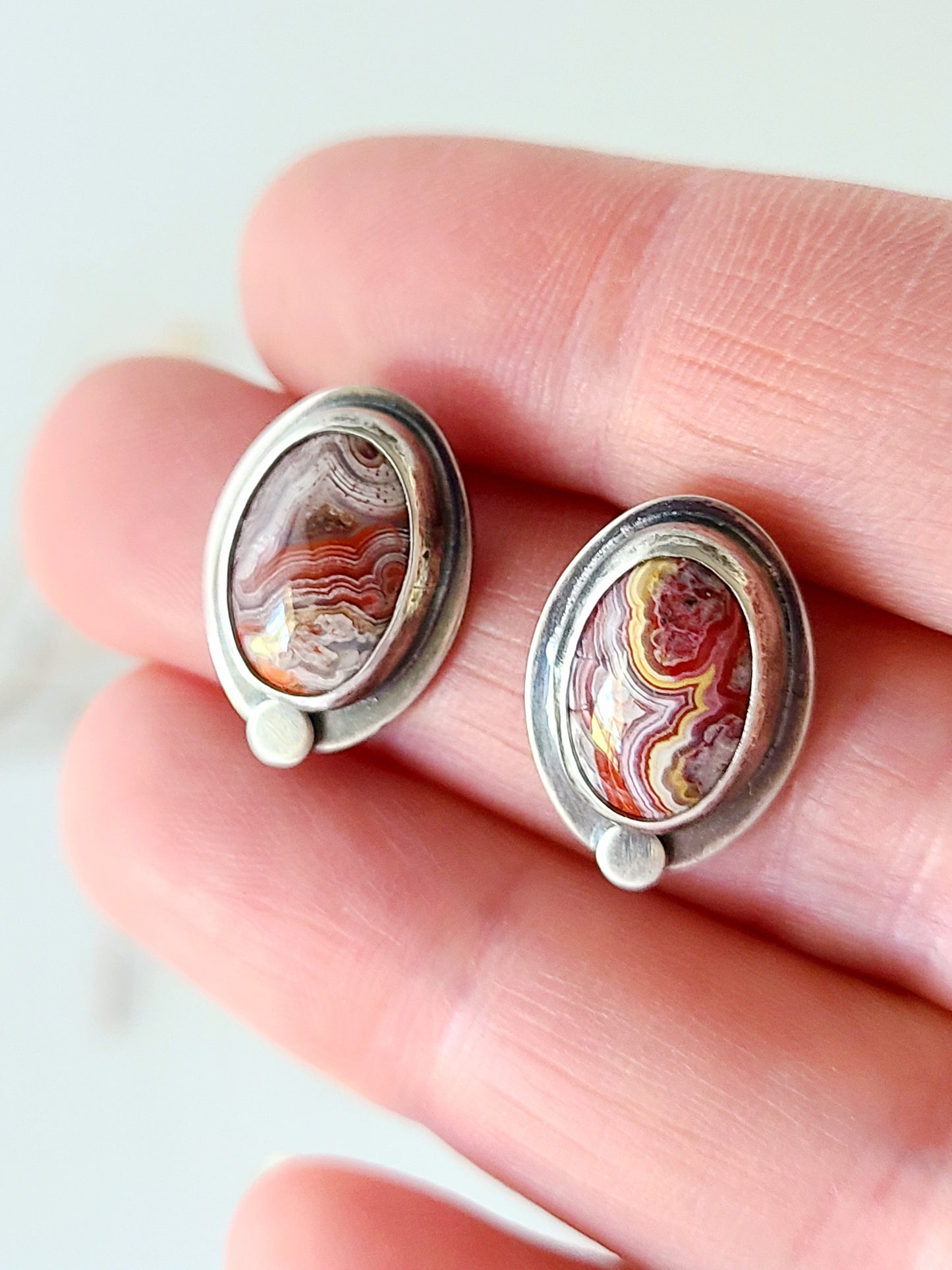 Skipping Stones Oval Agate Studs-Red & Yellow